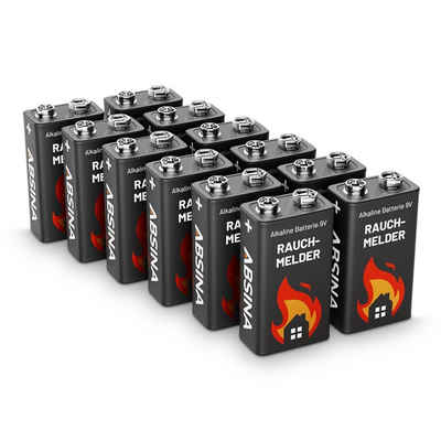 ABSINA Rauchmelder Batterie 9V Block - 12er Pack Alkaline 9V Block Batterien langlebig & auslaufsicher - Blockbatterien für Feuermelder, Bewegungsmelder, Kohlenmonoxid, Warnmelder & Rauchwarnmelder Batterie