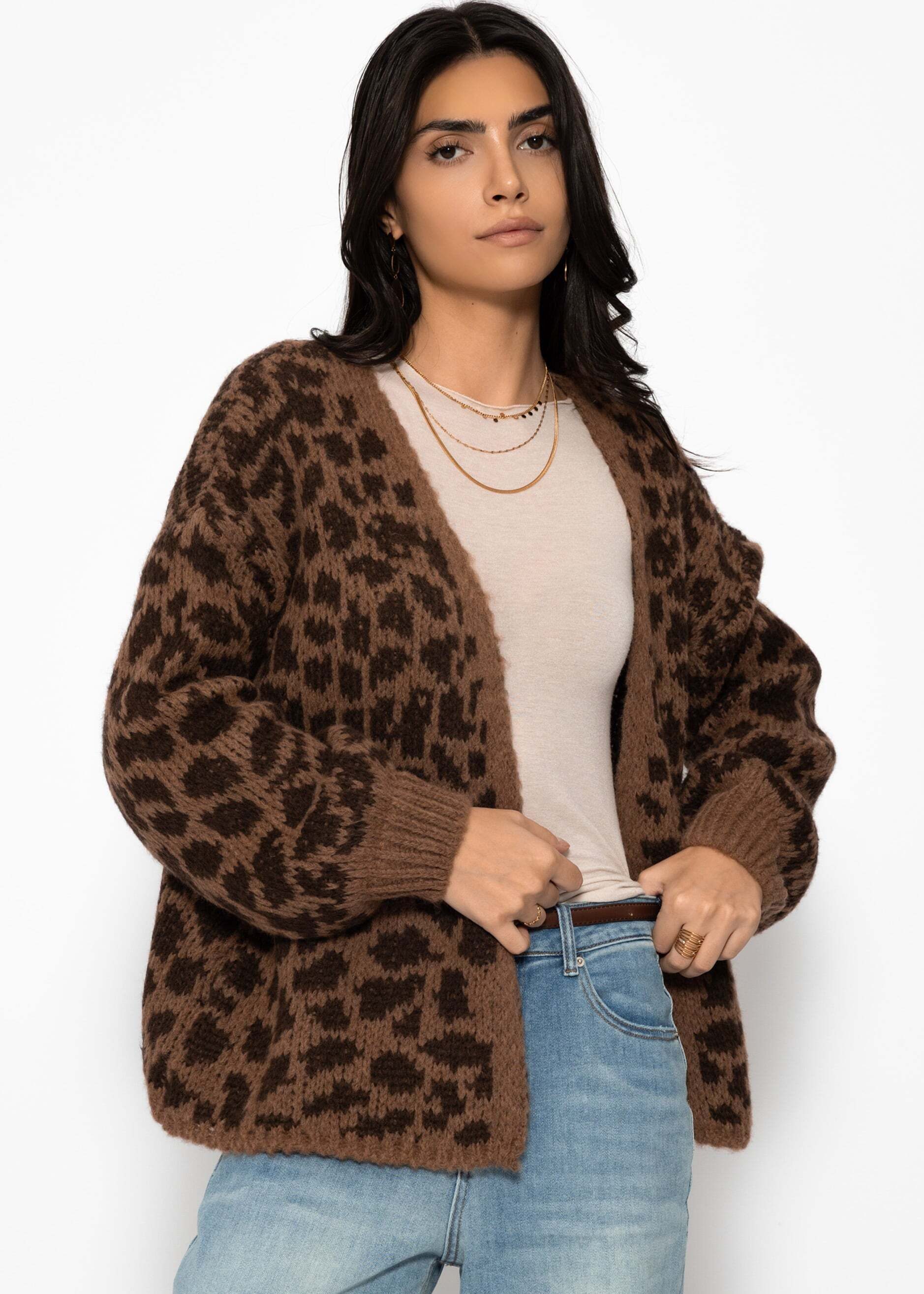 SASSYCLASSY Cardigan Cardigan Damen aus Grobstrick mit Lepardenmuster Overs günstig online kaufen