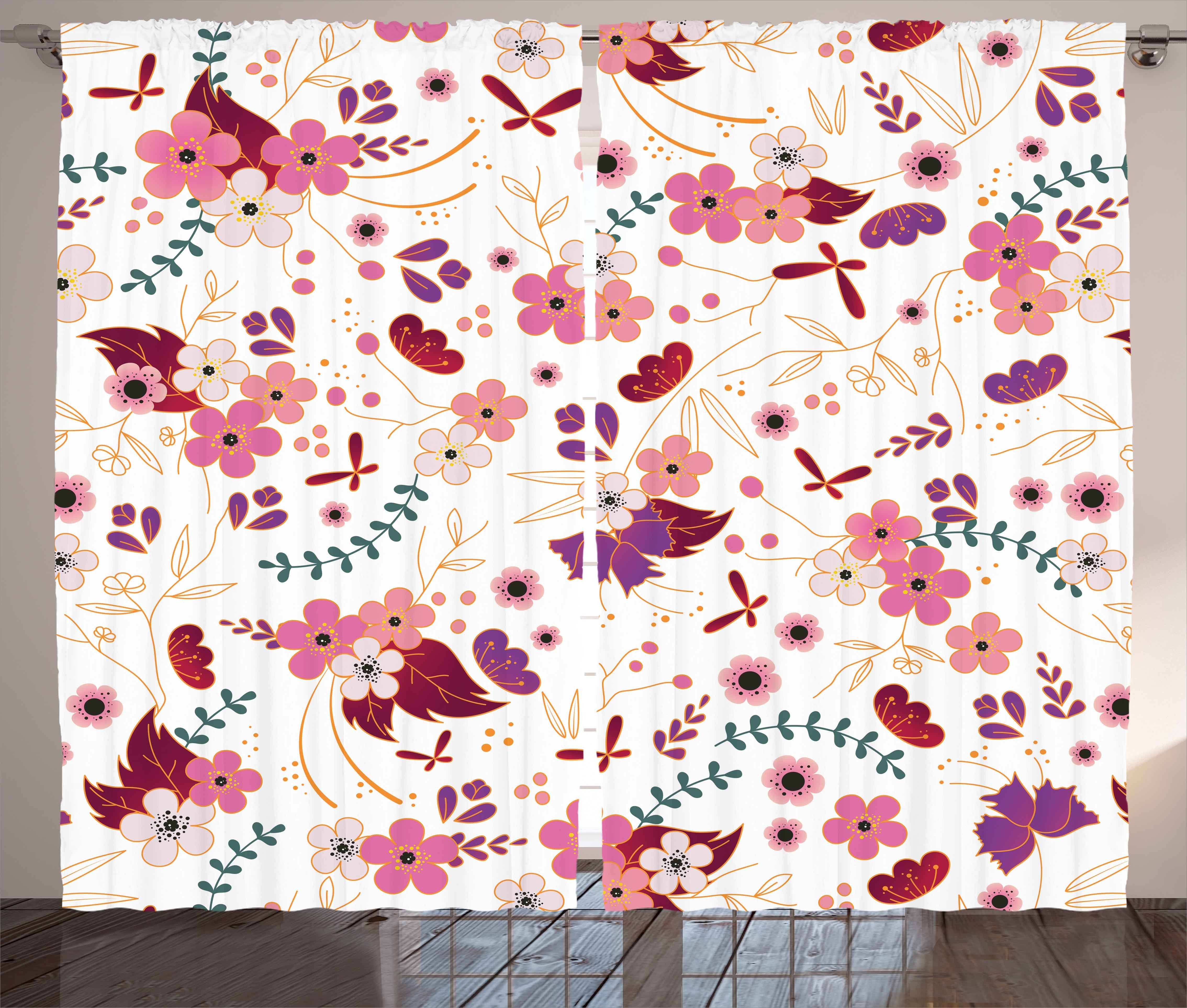 Haken, Abakuhaus, Botanik cartoonish mit Blumen Kräuselband Schlafzimmer und Gardine Schlaufen Vorhang