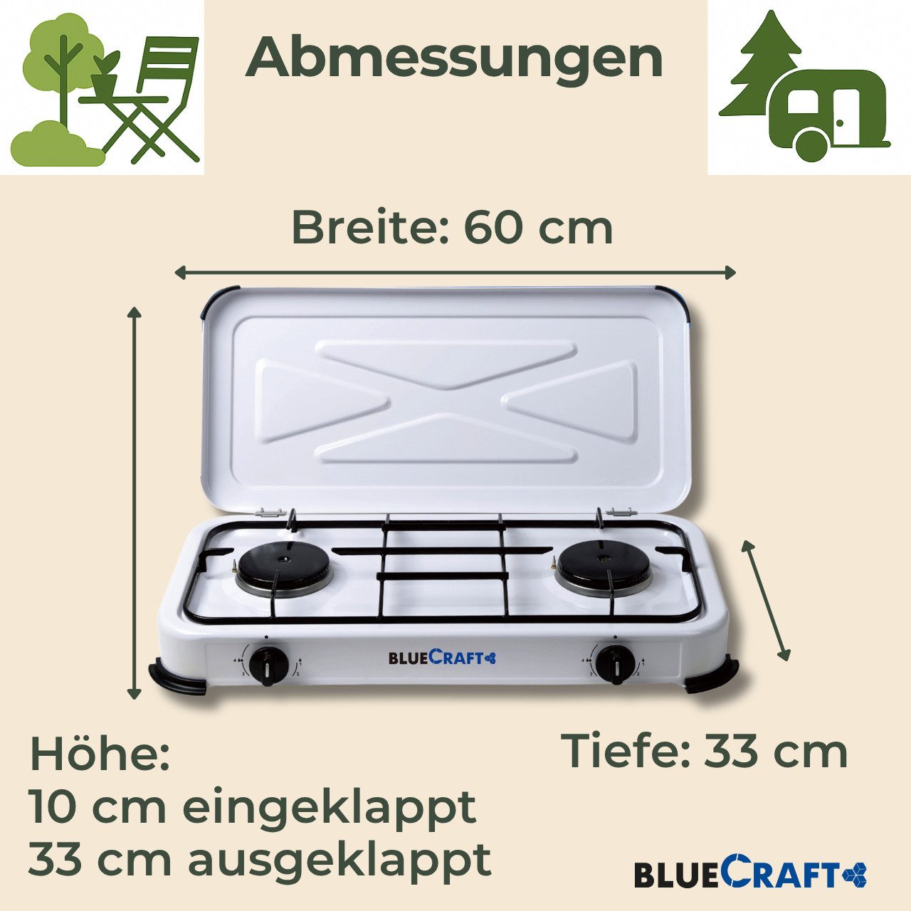 BlueCraft Gaskocher Notfall Kocher Campingkocher 2 flammig 4,4 kW mit Gasflasche (leer), (mit Schlauch 100 cm und Gas Regler Druckminderer Gasherd Gas-Kochfeld) – Bild 2 von 5