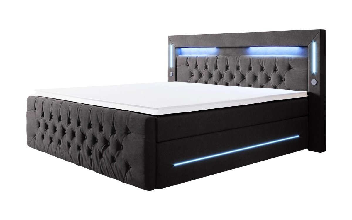 Luxusbetten24 Boxspringbett Moonlight, mit LED-Beleuchtung, USB-Anschluss und Stauraum