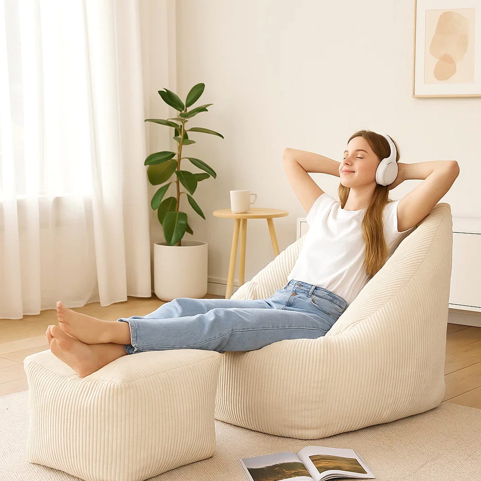 Youyijia Sitzsack Cord-Sitzsack mit Fußstütze – Liegesofa für Wohnzimmer und Lounge