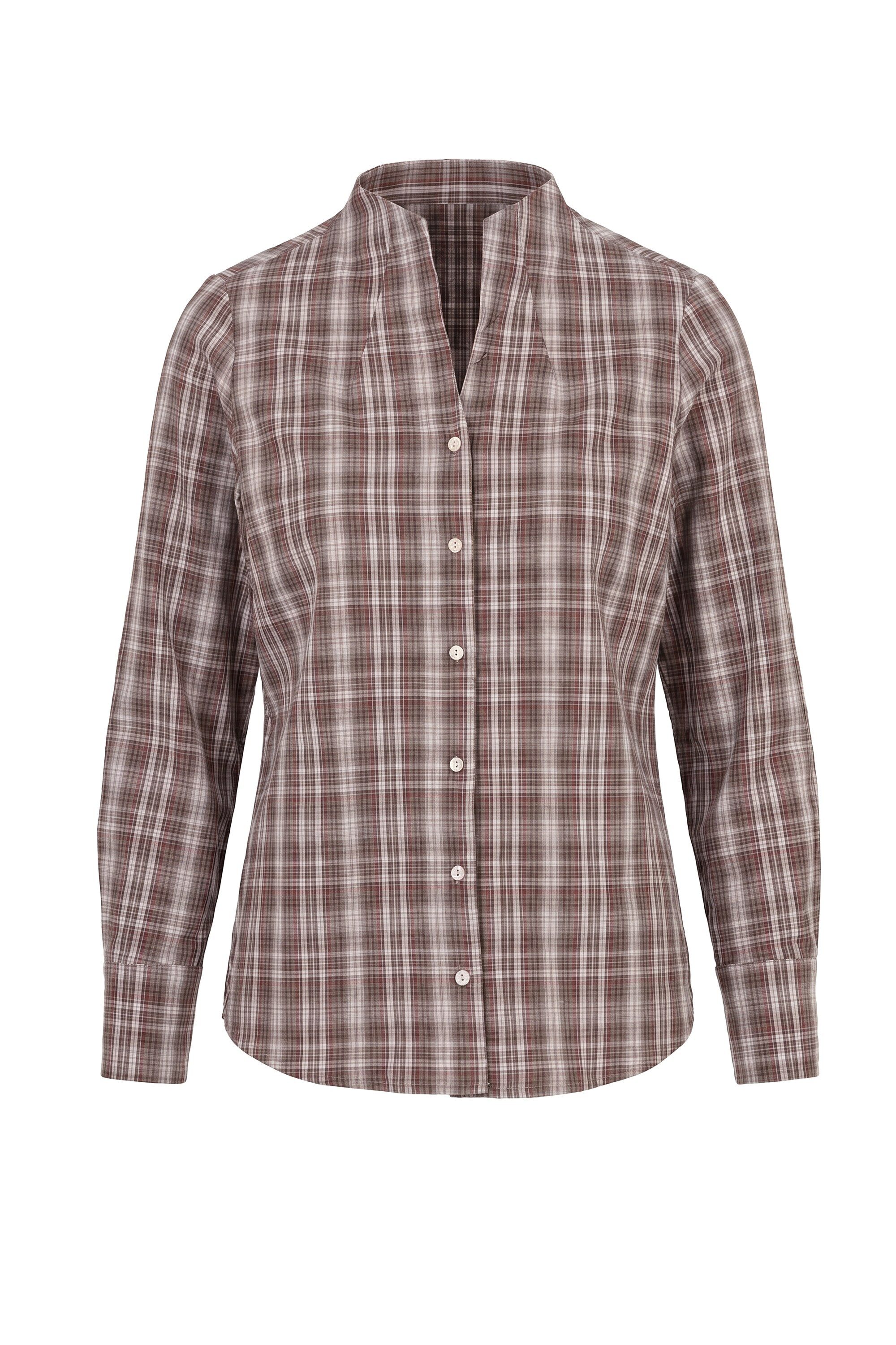 Ulla Popken Longbluse Bluse Karo Kelchkragen V-Ausschnitt Langarm