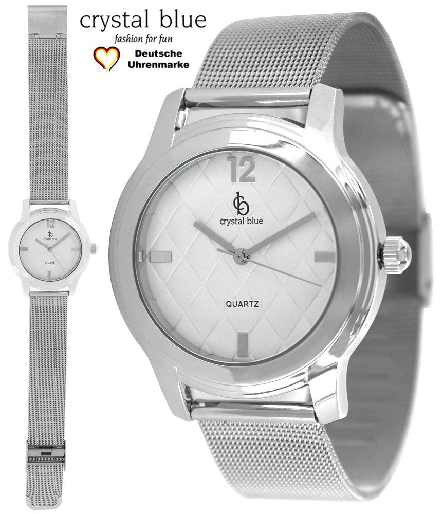 crystal blue Quarzuhr Armbanduhr Damen silber Mesharmband metallic Zifferblatt, kostenloser Versand