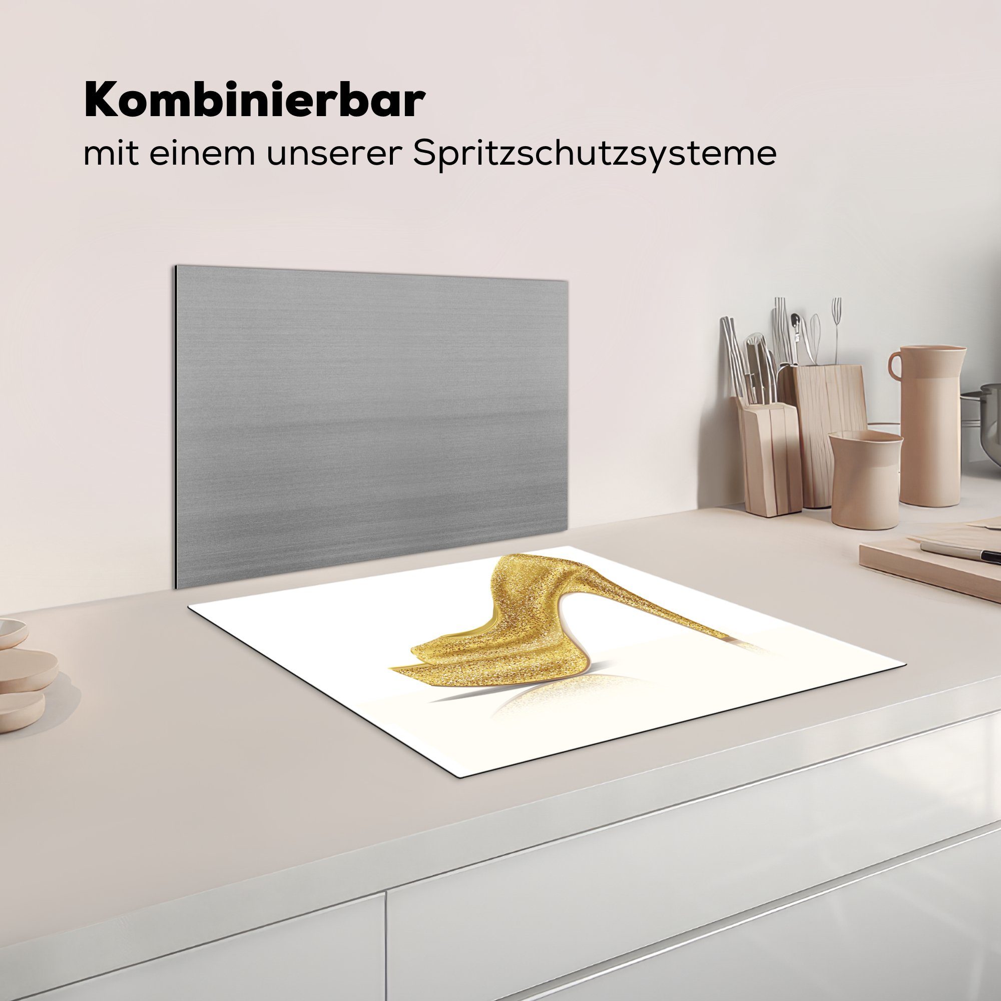 57x51 Vinyl, Induktionskochfeld, Ceranfeldabdeckung tlg), Illustration goldenen cm, Absatzes, MuchoWow Induktionsschutz, glitzernden (1 eines Herdblende-/Abdeckplatte Eine