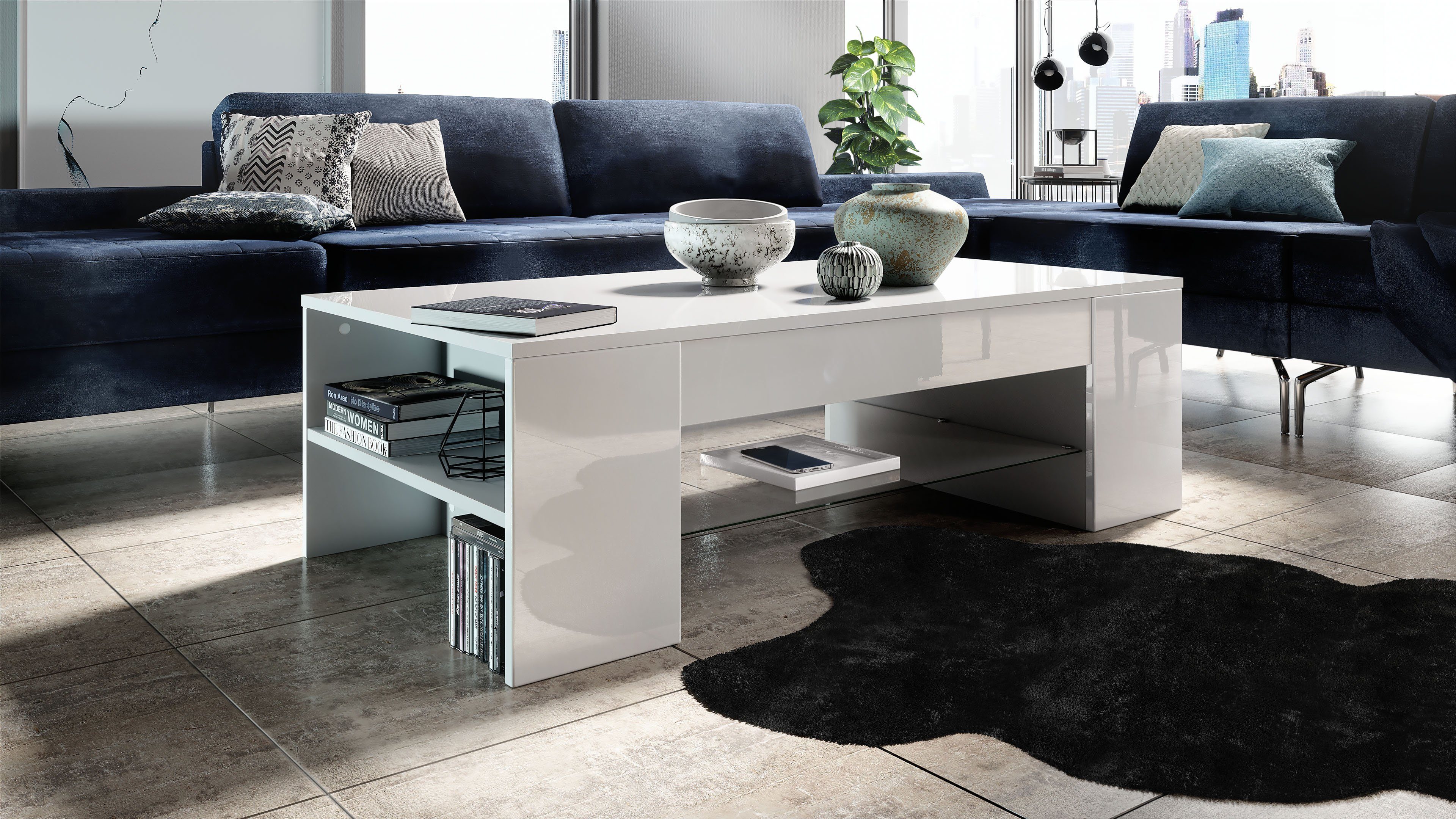 Vladon Couchtisch Clip (Wohnzimmertisch, mit 2 Seitenfächern und 1 Glasplat günstig online kaufen