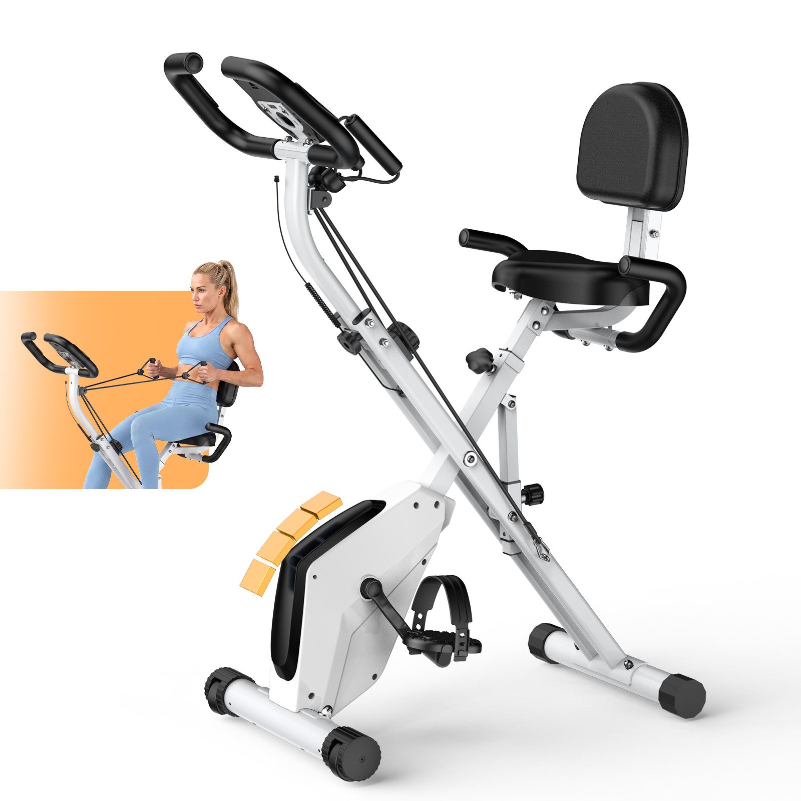 Gywowken Heimtrainer - 4-in-1 X-BIKE Fahrrad Klappbar für Zuhause (Packung, mit 16 Stufen verstellbarem Magnetwiderstand und Spannseil), - 150kg Belastbar - LCD-Display - Handpulssensoren