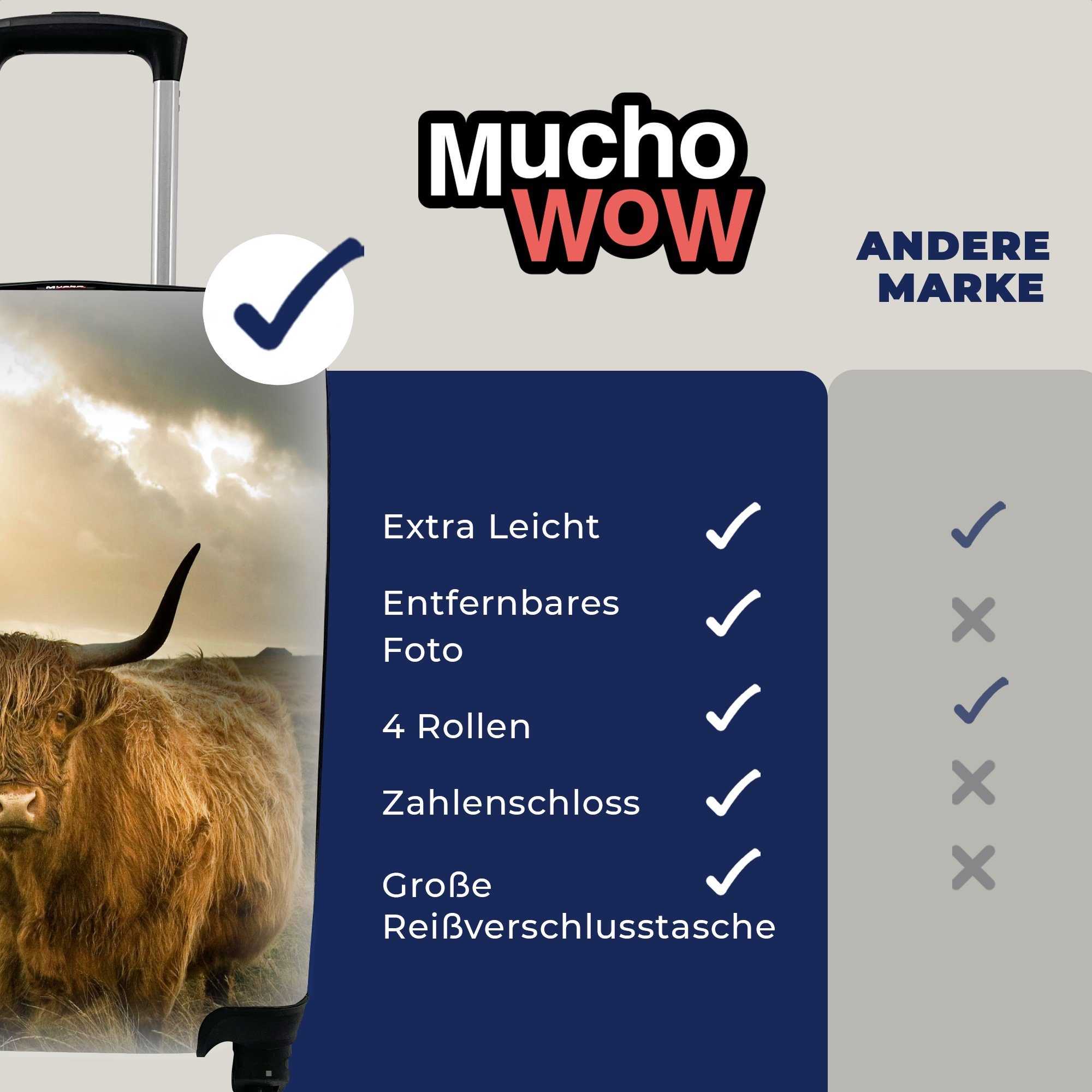 Sonne Ferien, Reisetasche 4 MuchoWow Schottischer - Trolley, Tiere, Rollen, rollen, Handgepäckkoffer - mit für Reisekoffer Handgepäck Hochländer