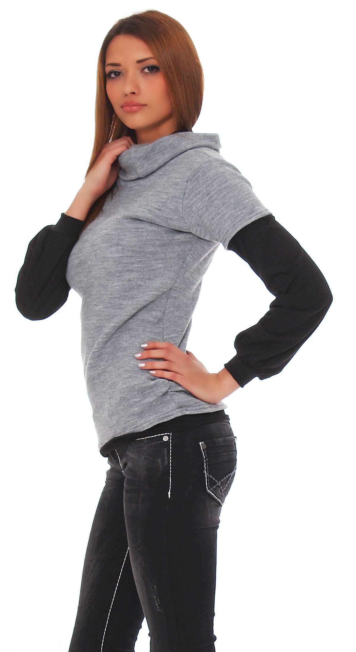 Longshirt 1 2 Mississhop Strick Optik in Pullover Rollkragenpullover Grau-Schwarz