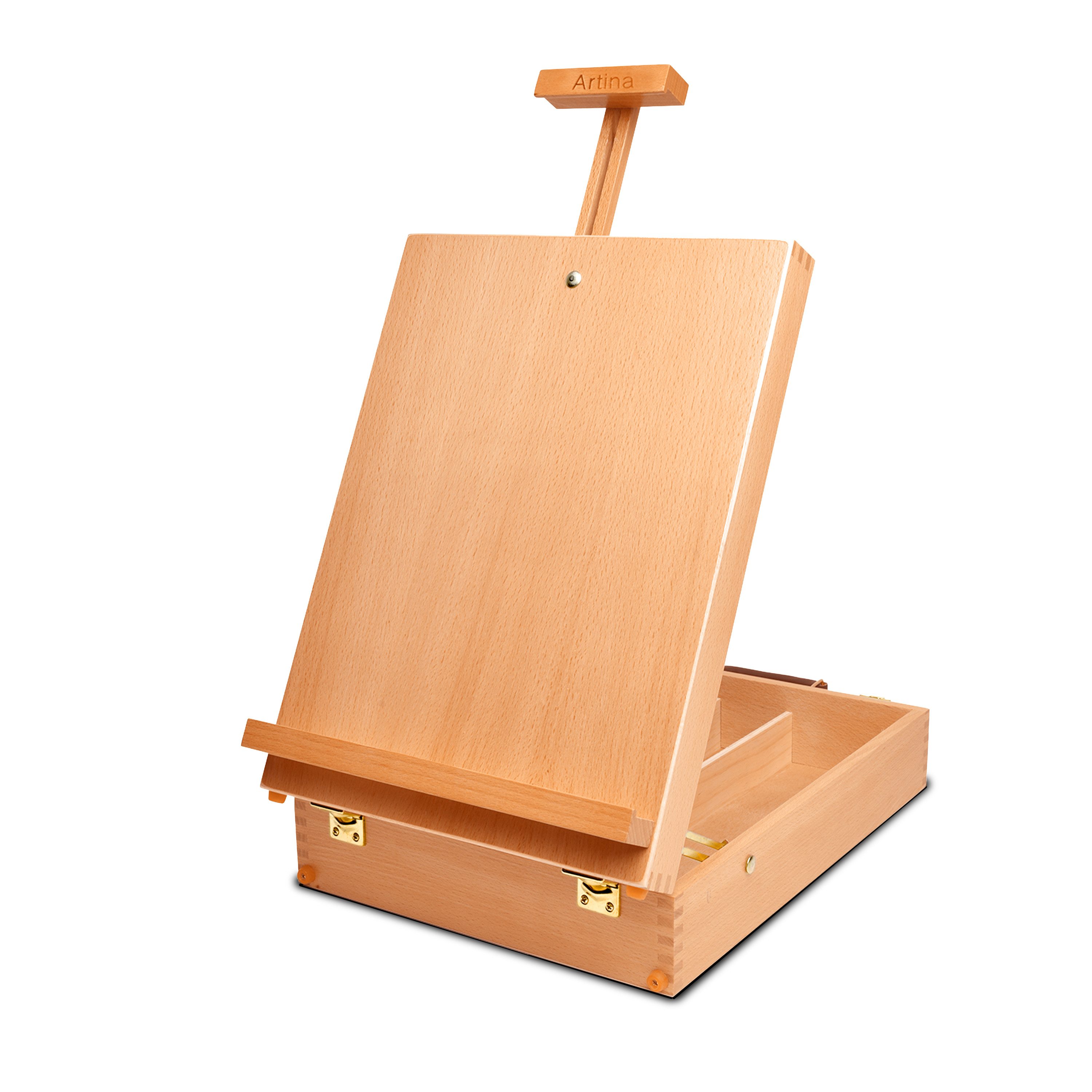 Artina Staffelei Tischstaffelei für Keilrahmen bis 66 cm Nancy, Künstlerkoffer Verstellbare Holz Staffelei Tisch mit Tragegriff