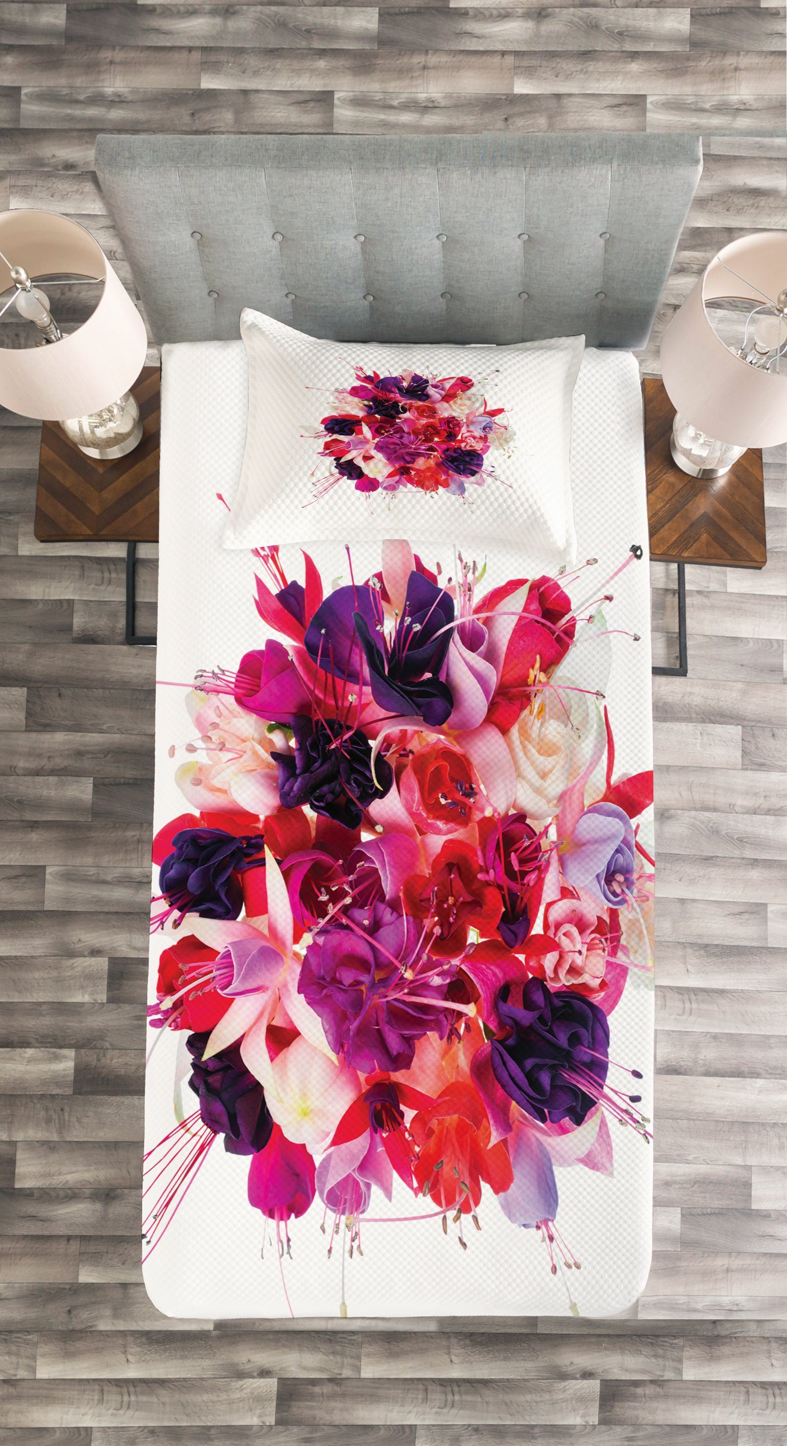 Tagesdecke Set Bouquet Waschbar, von mit Kissenbezügen Blumen exotischen Fuchsie Abakuhaus