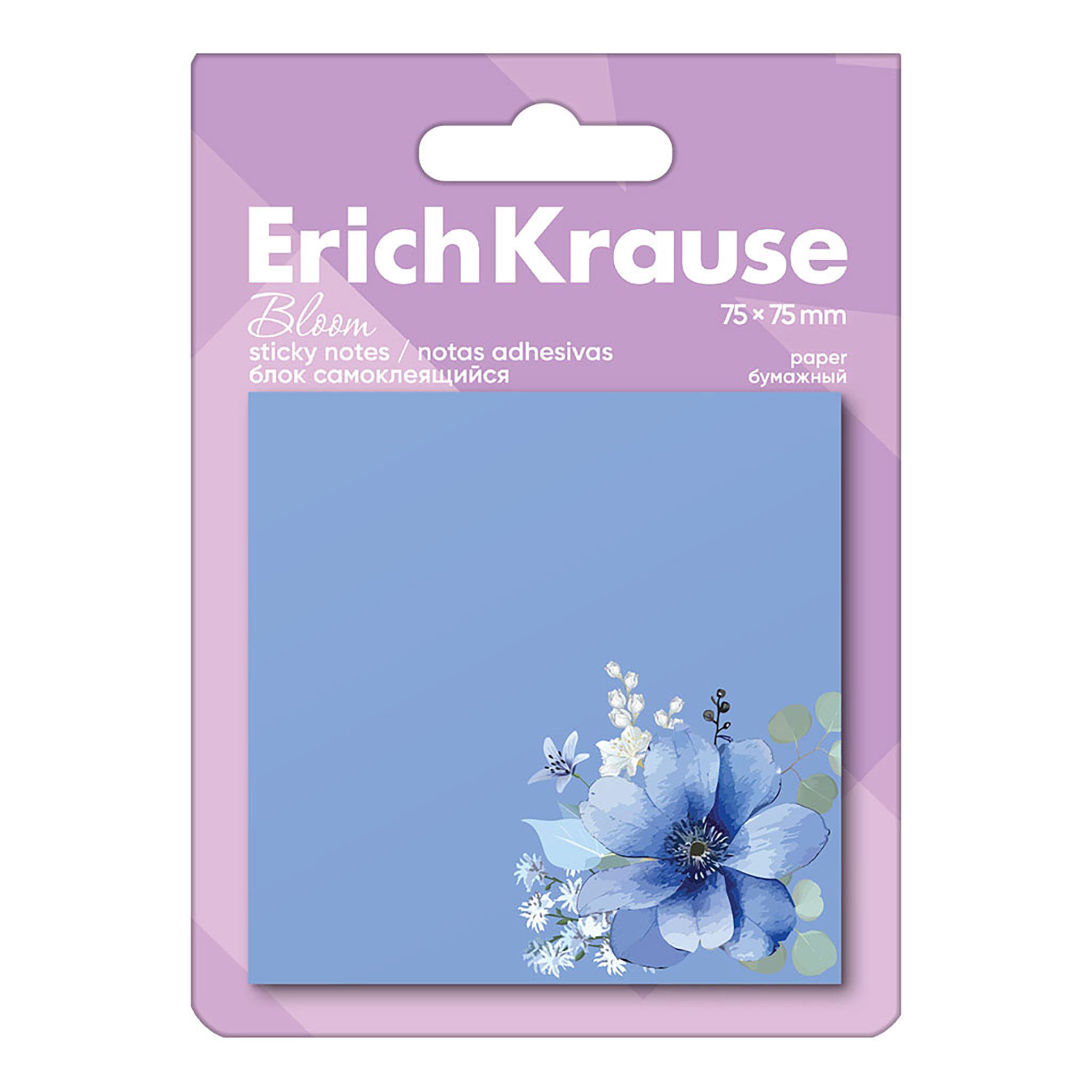 Erich Krause Haftnotizblock, Haftnotizen 75x75mm Blumenmotiv selbstklebend 50 Blatt Pastell Blau