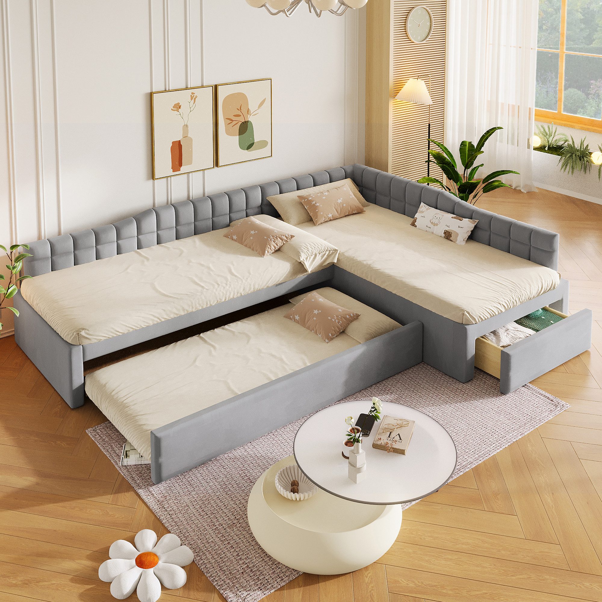Flieks Polsterbett, L-förmiges Kinderbett 90x200cm mit Ausziehbett 90x190cm & Schublade*1