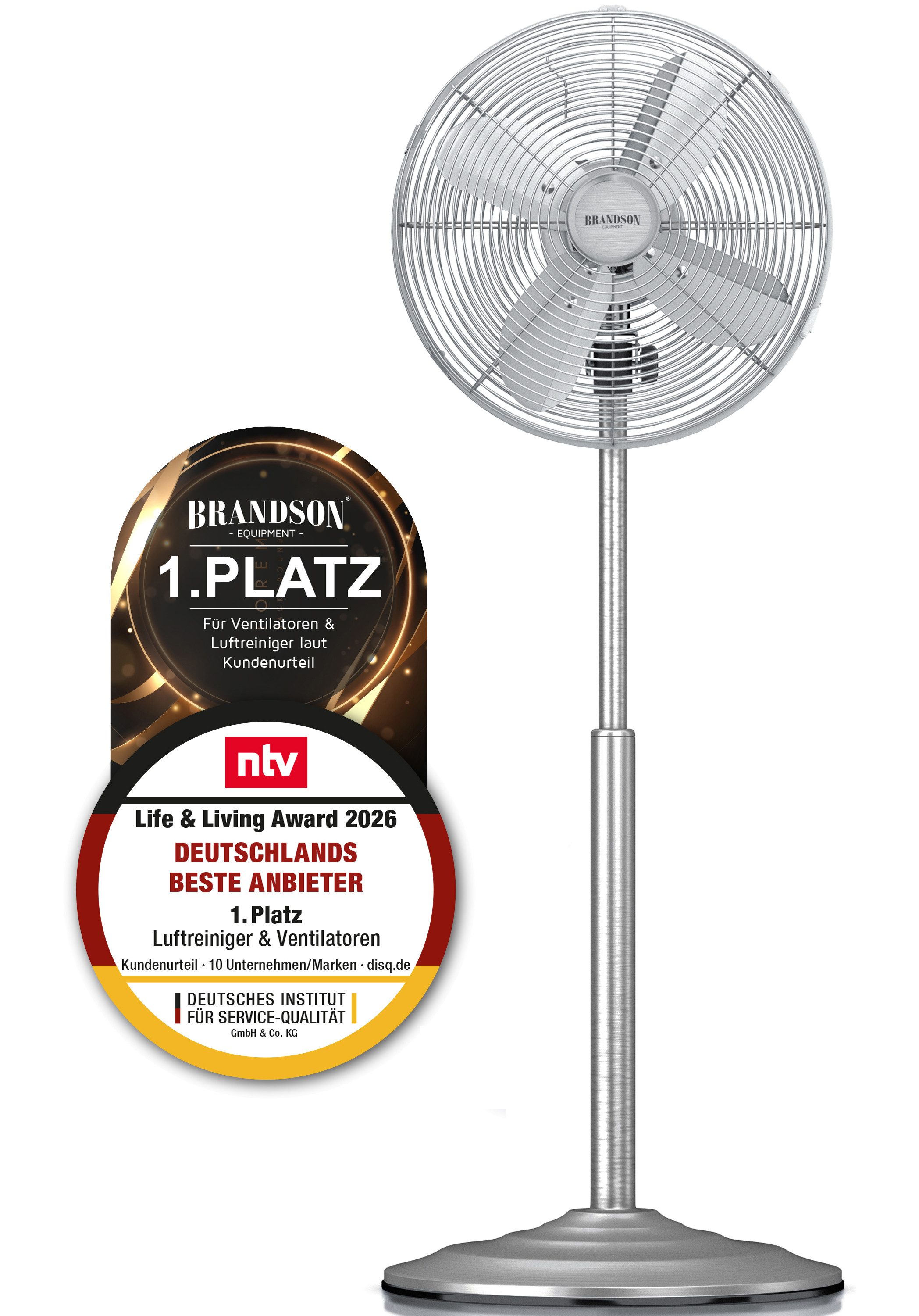 Brandson Standventilator Oszillation 80°, Neigbar 30°, 35W, Standlüfter 30cm, NTV Sieger 2026, 34 cm Durchmesser, mobiler Lüfter, 3 Geschwindigkeitsstufen, GS-Geprüft, Silver Design