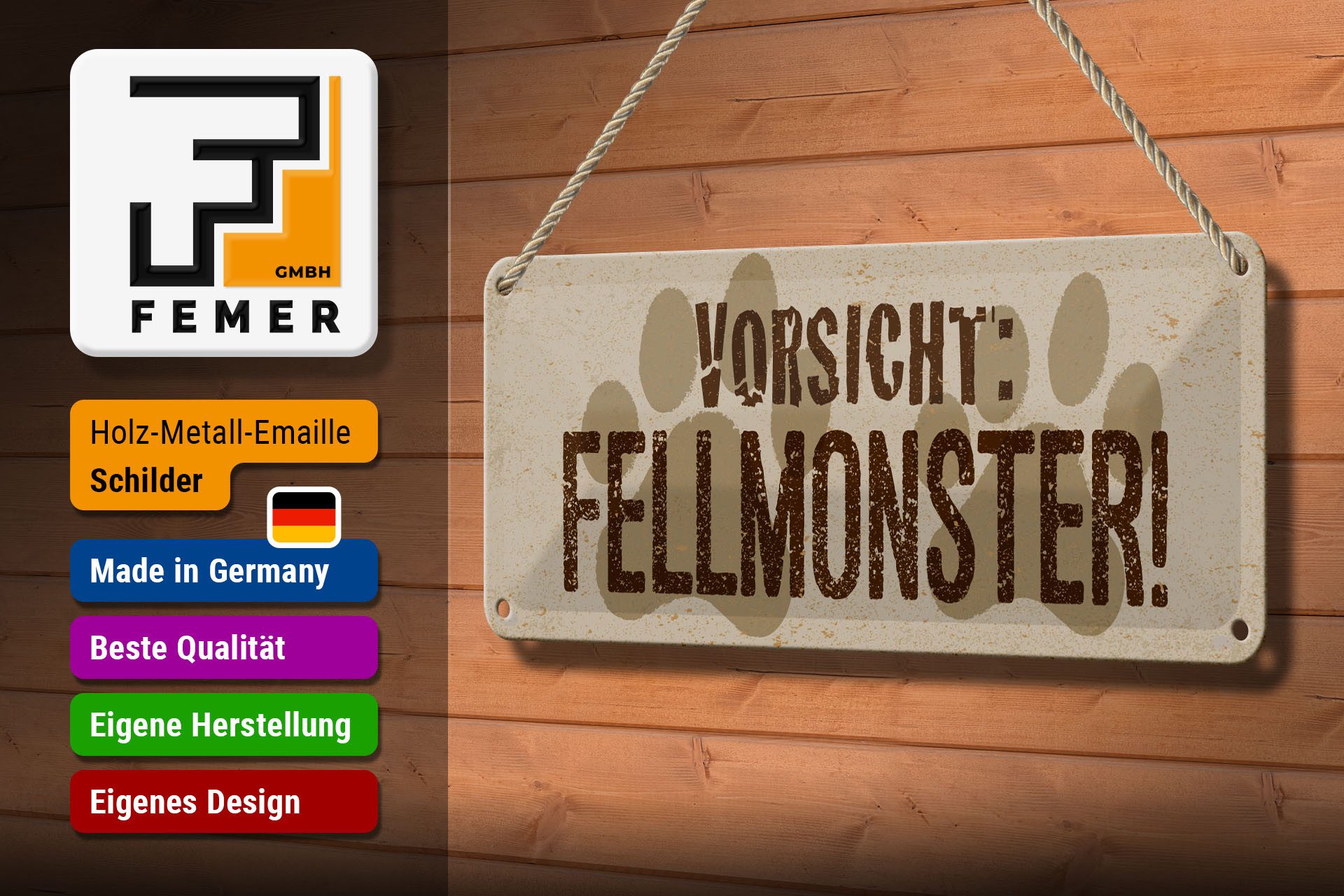 Femer GmbH Metallschild Hinweis 27x10 cm Vorsicht Fellmonster Tiere Pfoten, (1 St), gewölbte Oberfläche, abgerundete Ecken, umgeschlagene Kanten