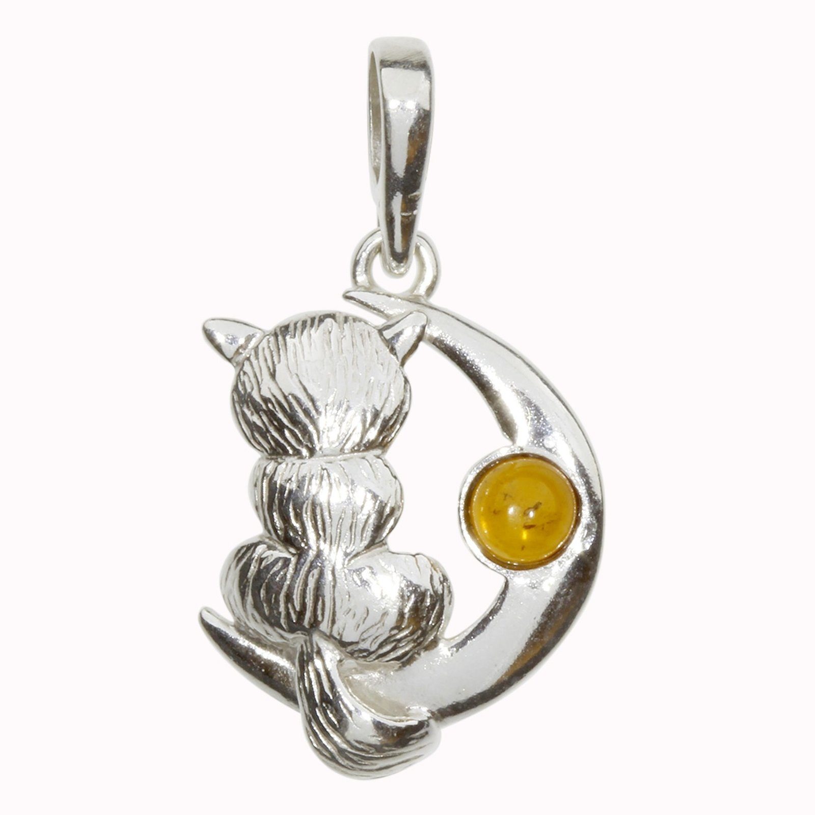 OSTSEE-SCHMUCK Kettenanhänger - Katze und Mond - Silber 925/000 - Bernstein (1-tlg)