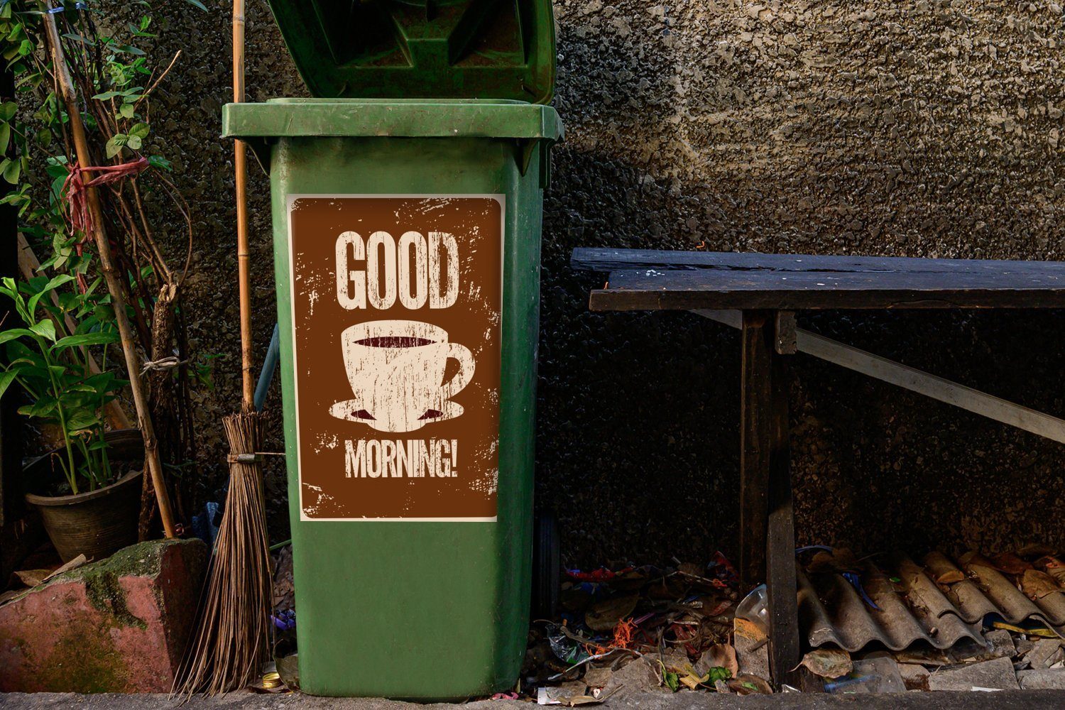 MuchoWow Wandsticker Morgen! Guten Zitate - (1 Sticker, Mülleimer-aufkleber, Sprichwörter - - St), Jahrgang Container, Abfalbehälter Mülltonne, Kaffee 