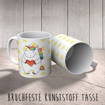 Mr. & Mrs. Panda Kinderbecher Einhorn Herz - Weiß - Geschenk, Freundin, Einhorn Deko, Kinder Tasse, Kunststoff, Mikrowellenbeständig