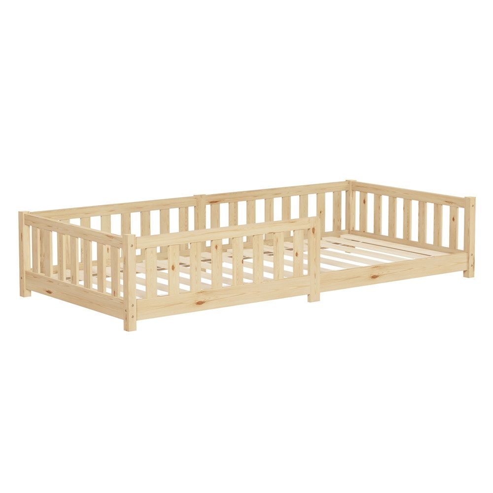 ML-DESIGN Spielbett Bodenbett Holzbett mit Lattenrost & Rausfallschutz Jugendbett Babybett, Abenteuerbett 90x200cm Natur Kinderbett Bettgestell ohne Matratze