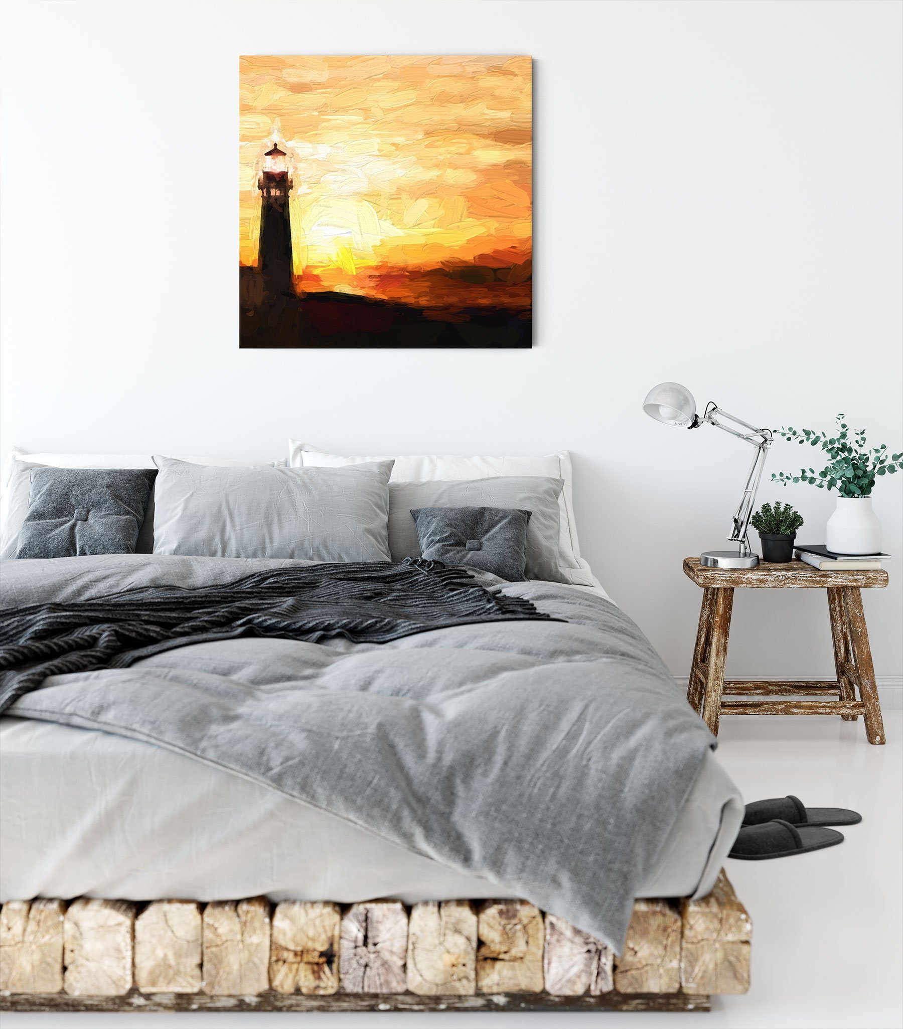 bespannt, Leuchtturm (1 Zackenaufhänger Sonnenuntergang, Leinwandbild Leuchtturm im Sonnenuntergang Pixxprint fertig St), im Leinwandbild inkl.