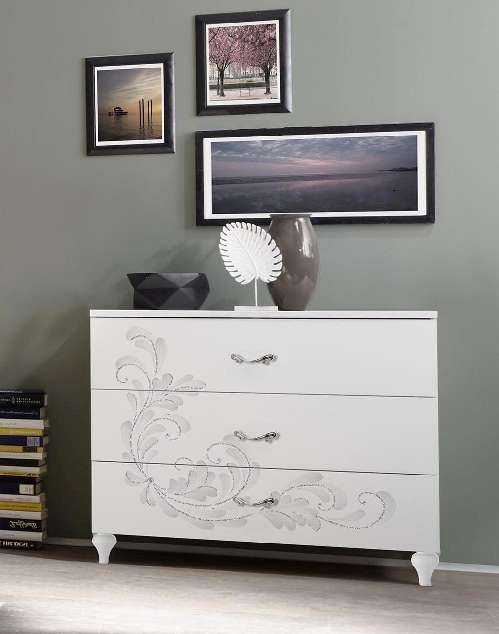 möbelando Kommode Noella (BxHxT: 104x92x46 cm), in Weiss Melamin mit Siebdruck mit 3 Schubladen