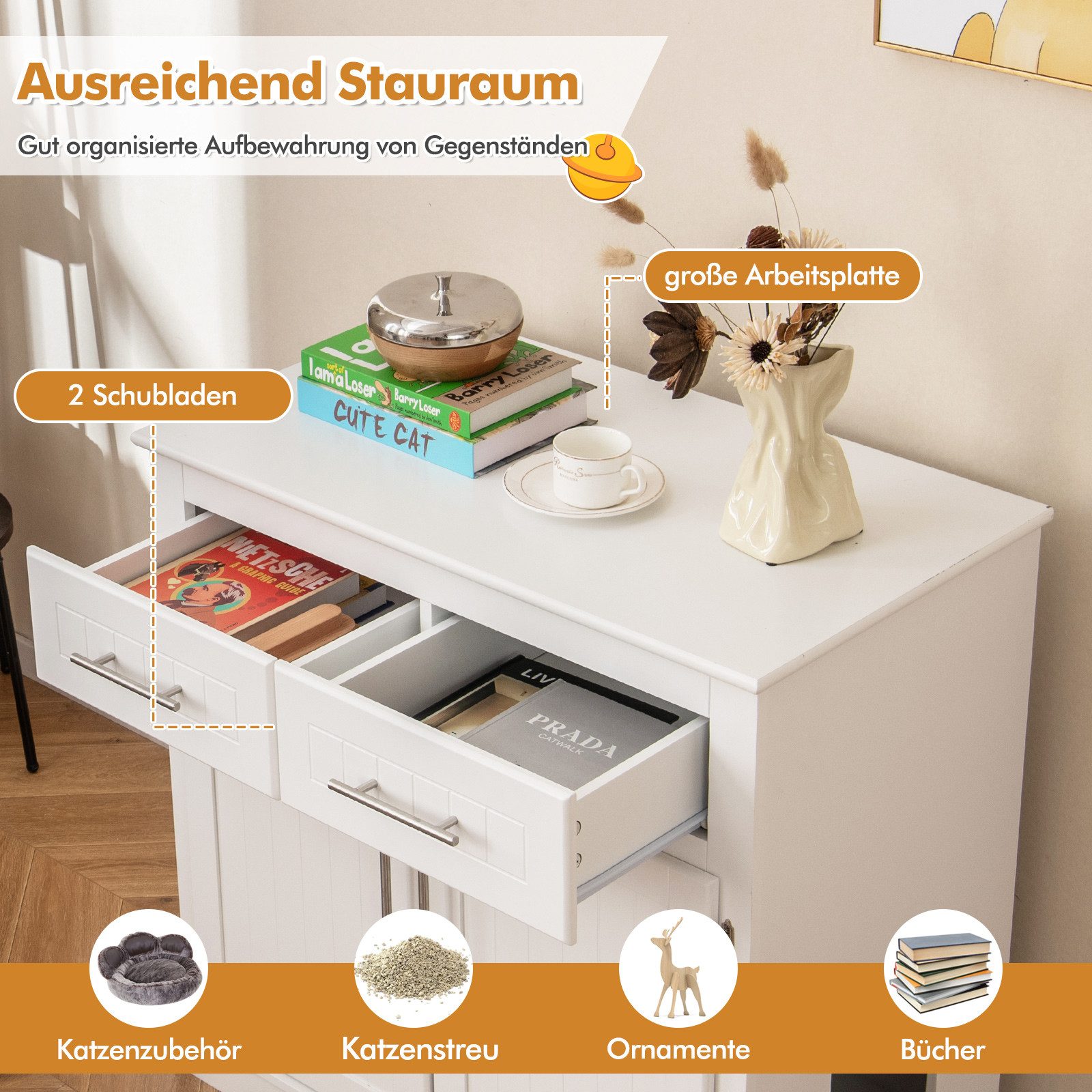 COSTWAY Tierhaus, für Katzentoilette, mit 2 Schubladen, 80x45x80cm