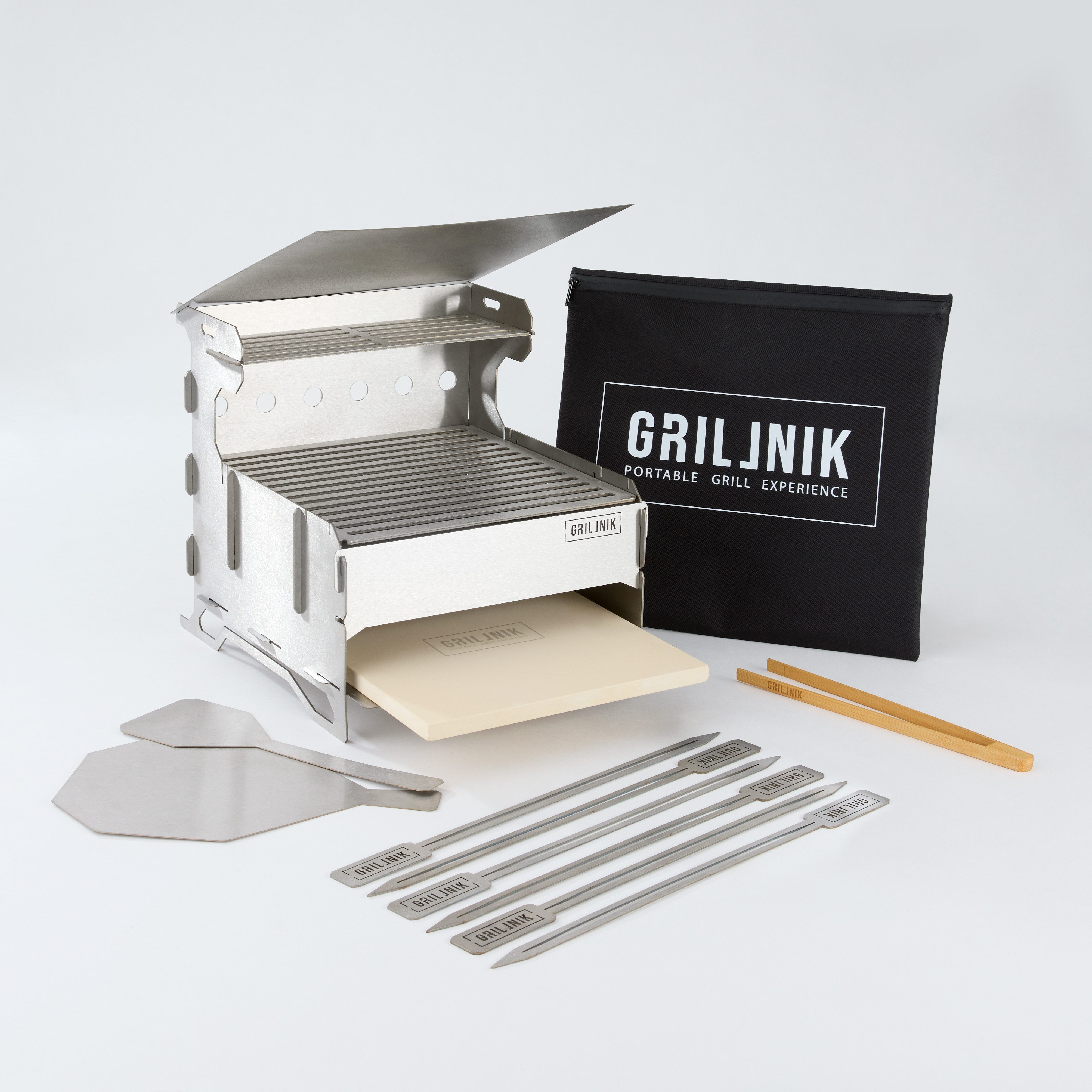 GRILLNIK Holzkohlegrill Edelstahlgrill Pro 30×30 cm–Outdoorgrill mit Ofenfunktion & Pizzastein, Kompakt, robust, modular – Pizzastein inklusive