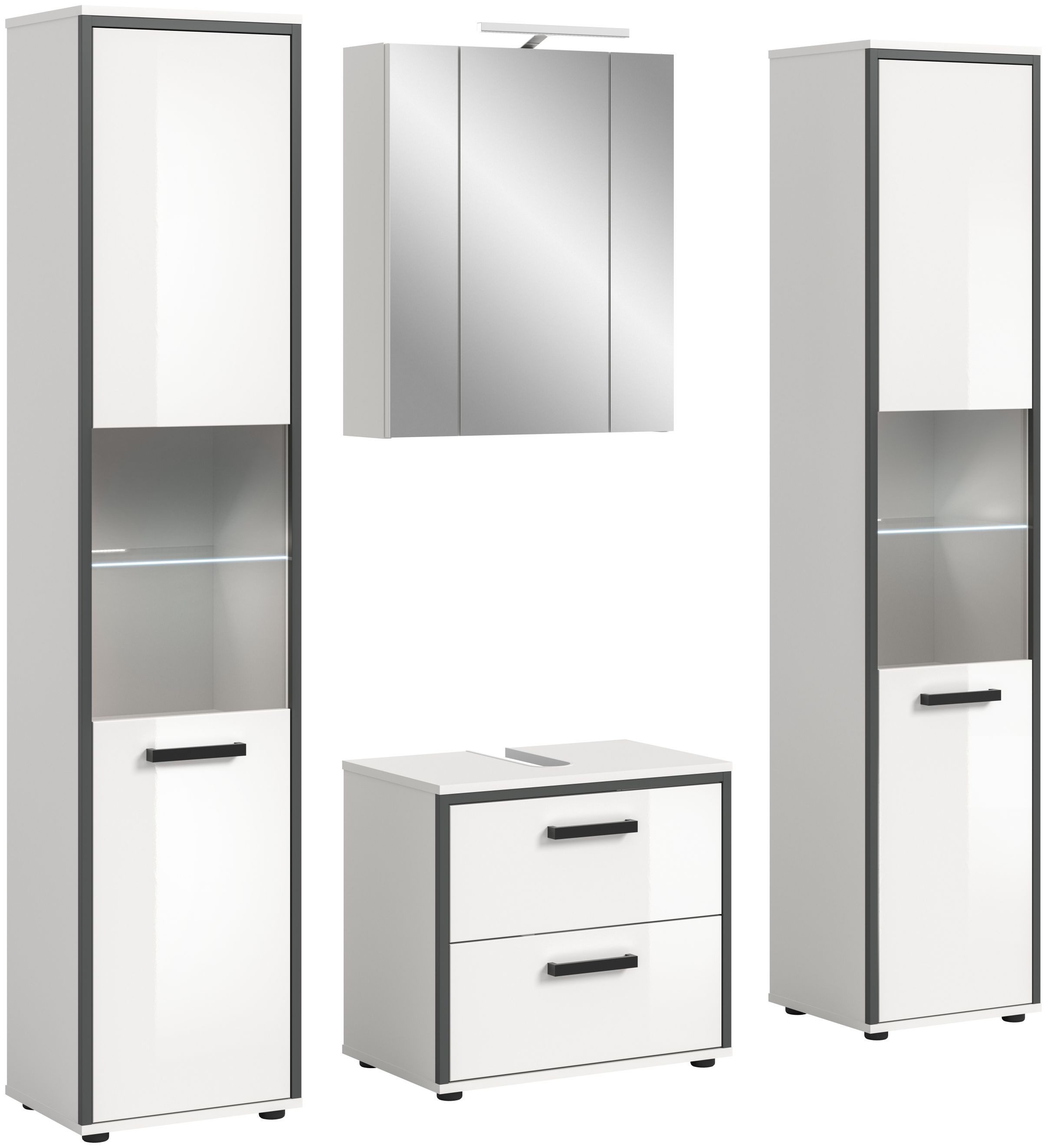 xonox.home Badmöbel-Set Kojak, (4-tlg. Hochschrank, Waschbeckenunterschrank, Spiegelschrank), inkl. Glasbodenbeleuchtung & Badaufsatzleuchte weiß 171/188/37 cm