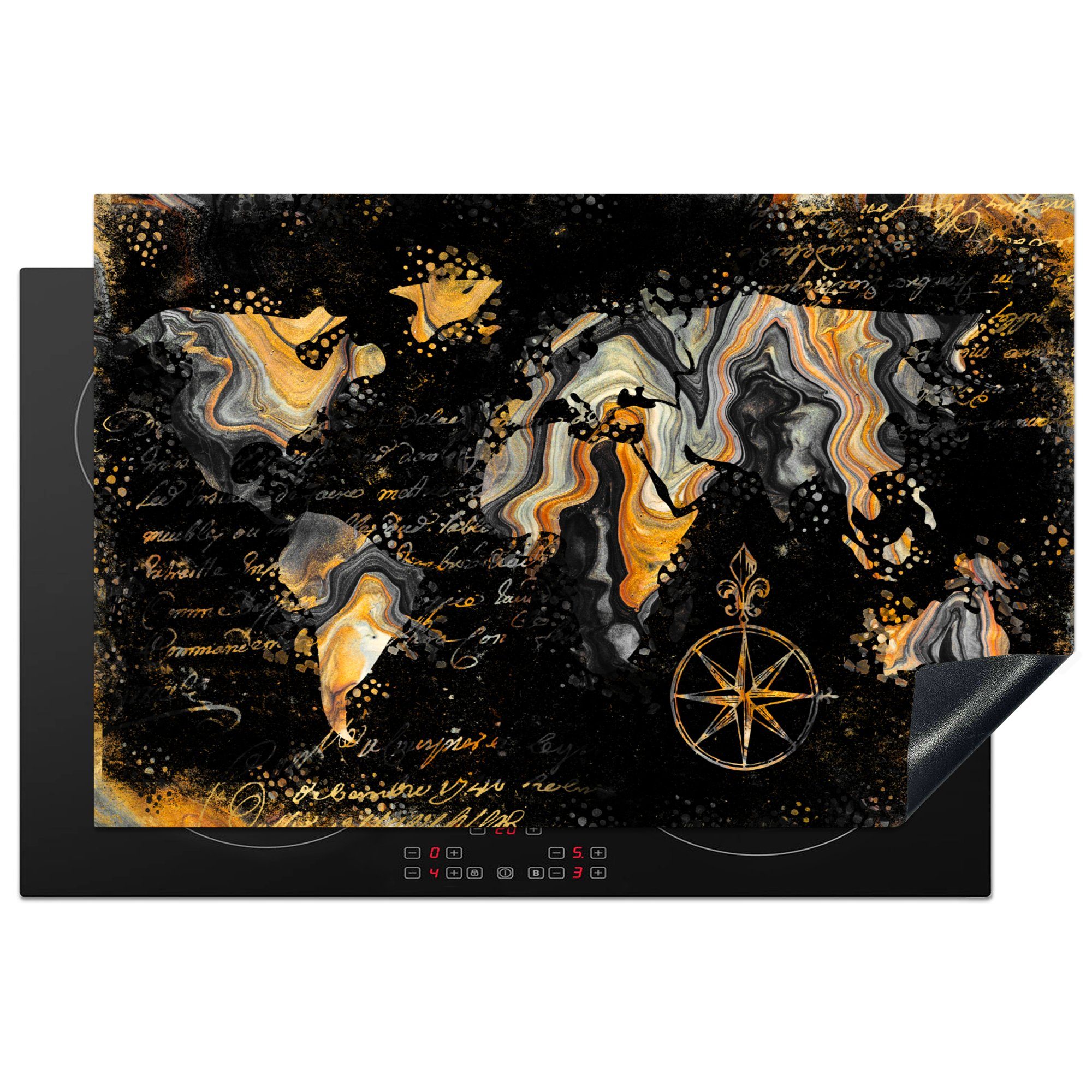 MuchoWow Herdblende-/Abdeckplatte Weltkarte - Marmor - Gold, Vinyl, (1 tlg), 81x52 cm, Induktionskochfeld Schutz für die küche, Ceranfeldabdeckung