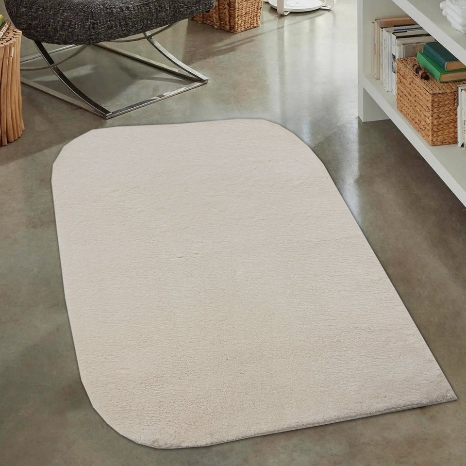 Hochflor-Teppich Einfarbiger abgerundeter Teppich, waschbar& rutschfest,  beige, Carpetia, rechteckig, Höhe: 16 mm