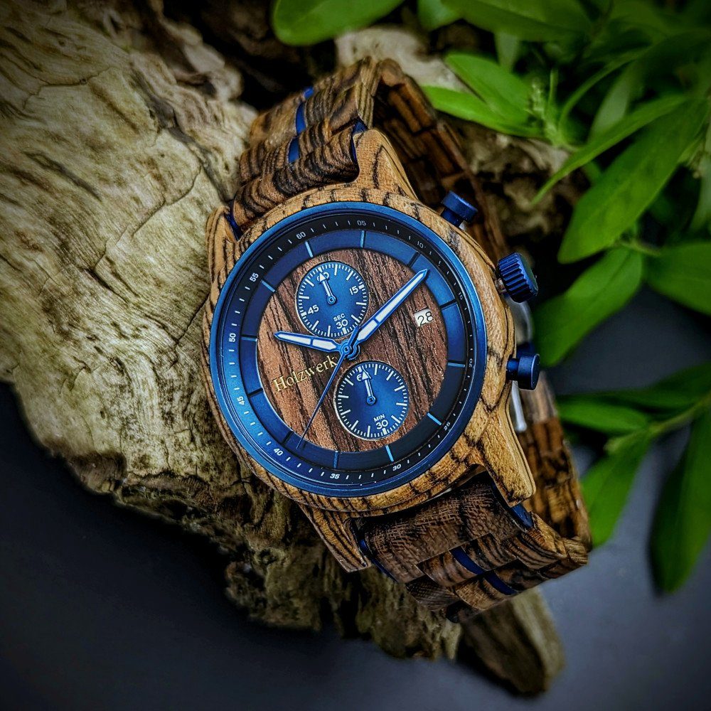 blau Holz SEELAND metallic Chronograph Holzwerk Datum Uhr Herren Armband in mit braun,