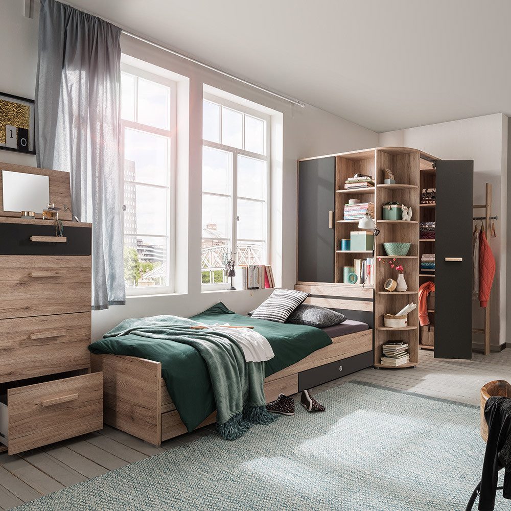 Lomadox Jugendzimmer-Set CANTON-43, (Sparset, 5-tlg), Eiche Nb., graphit, 90x200 cm Liegefläche, begehbarer Kleiderschrank