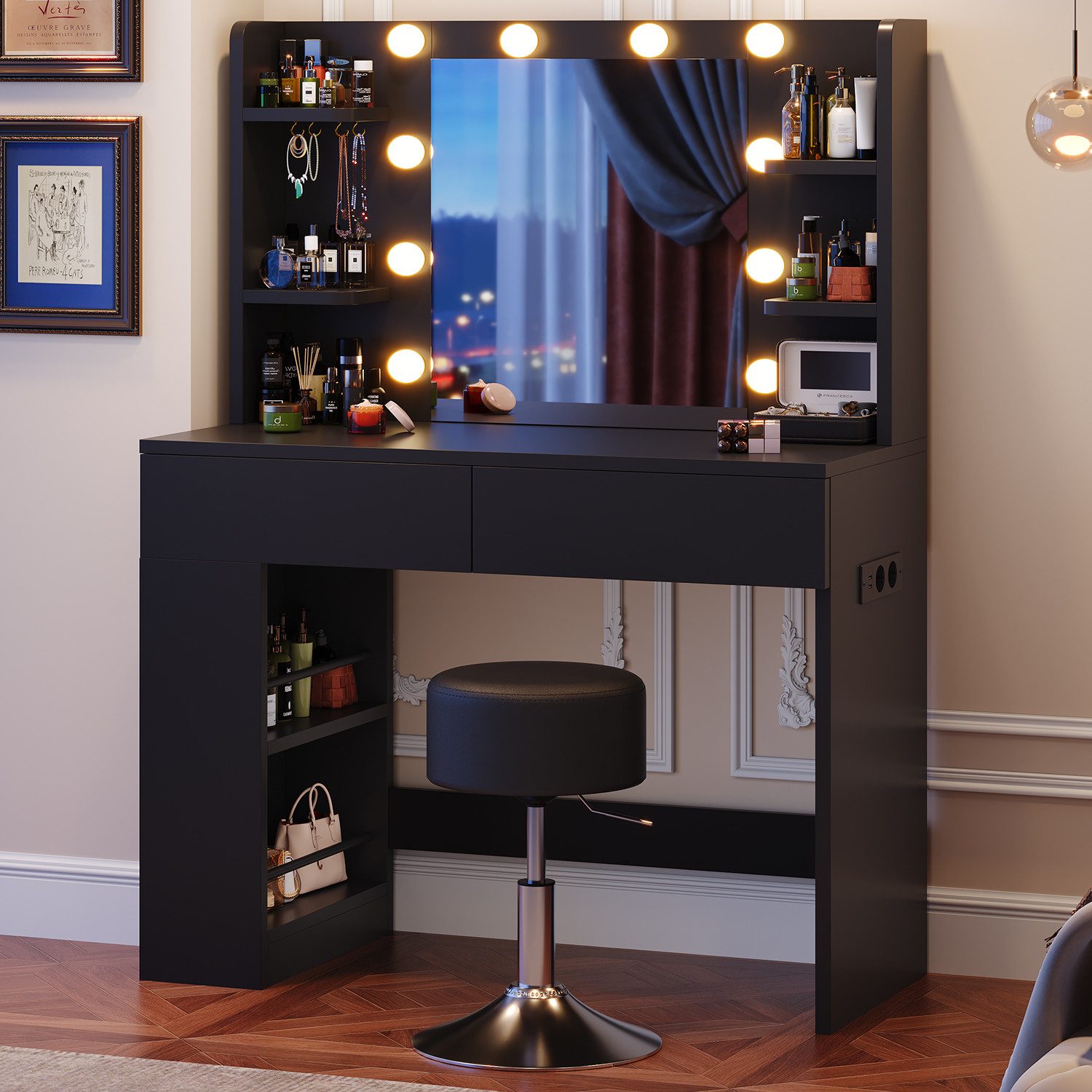HOMALL Schminktisch Mit dreifarbiger LED-Beleuchtung, Helligkeit einstellbar (Länge × Breite × Höhe) 90 × 40 × 137 cm, mit Steckdose und 2 USB-Anschlüssen, seitliche Schränke links und rechts austauschbar, 8 offene Ablagefächer, 2 Schubladen, 4 Schmuckhak