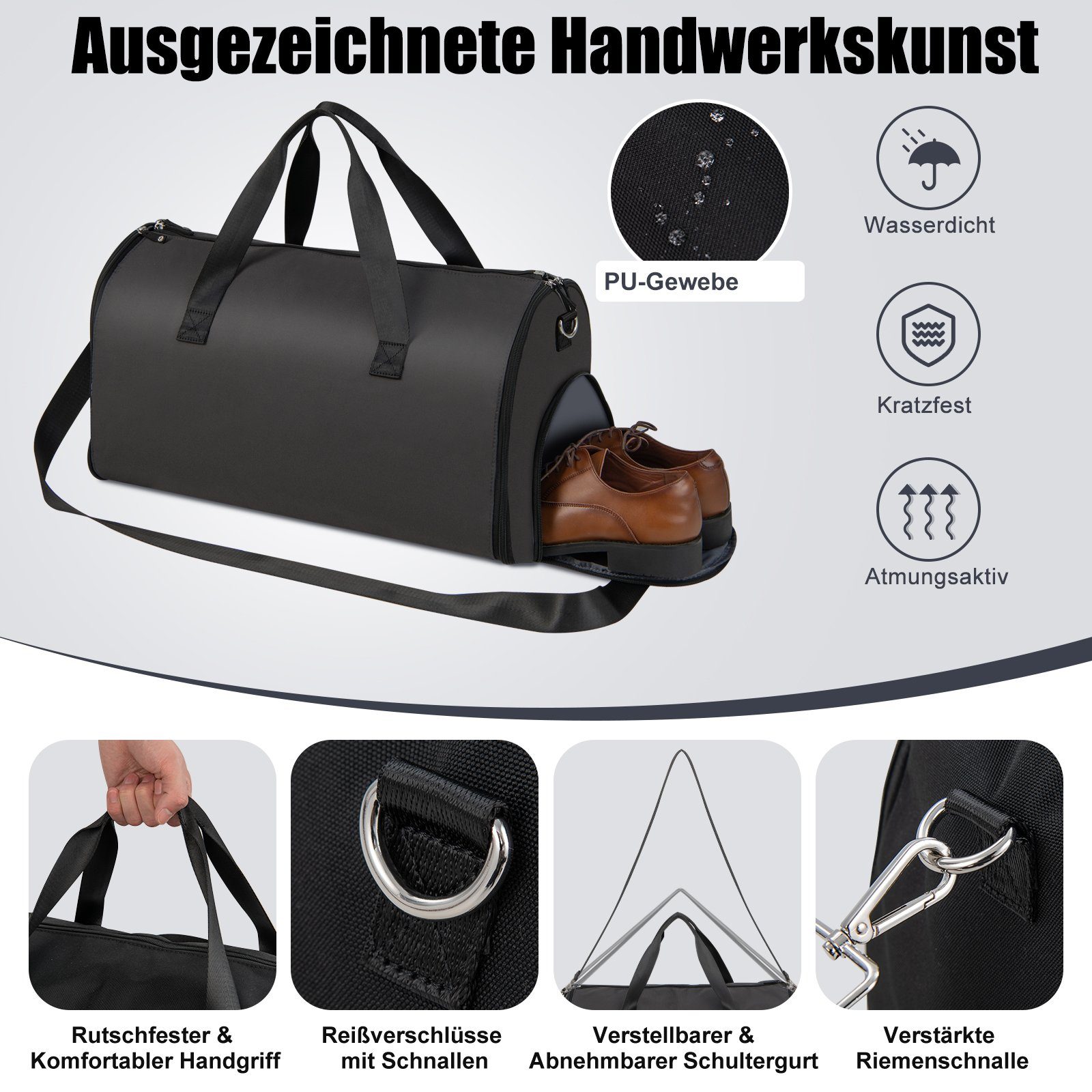 Schultergurt & Schuhfach Kleidersack, mit 50L, COSTWAY Schwarz Reisetasche, 2in1