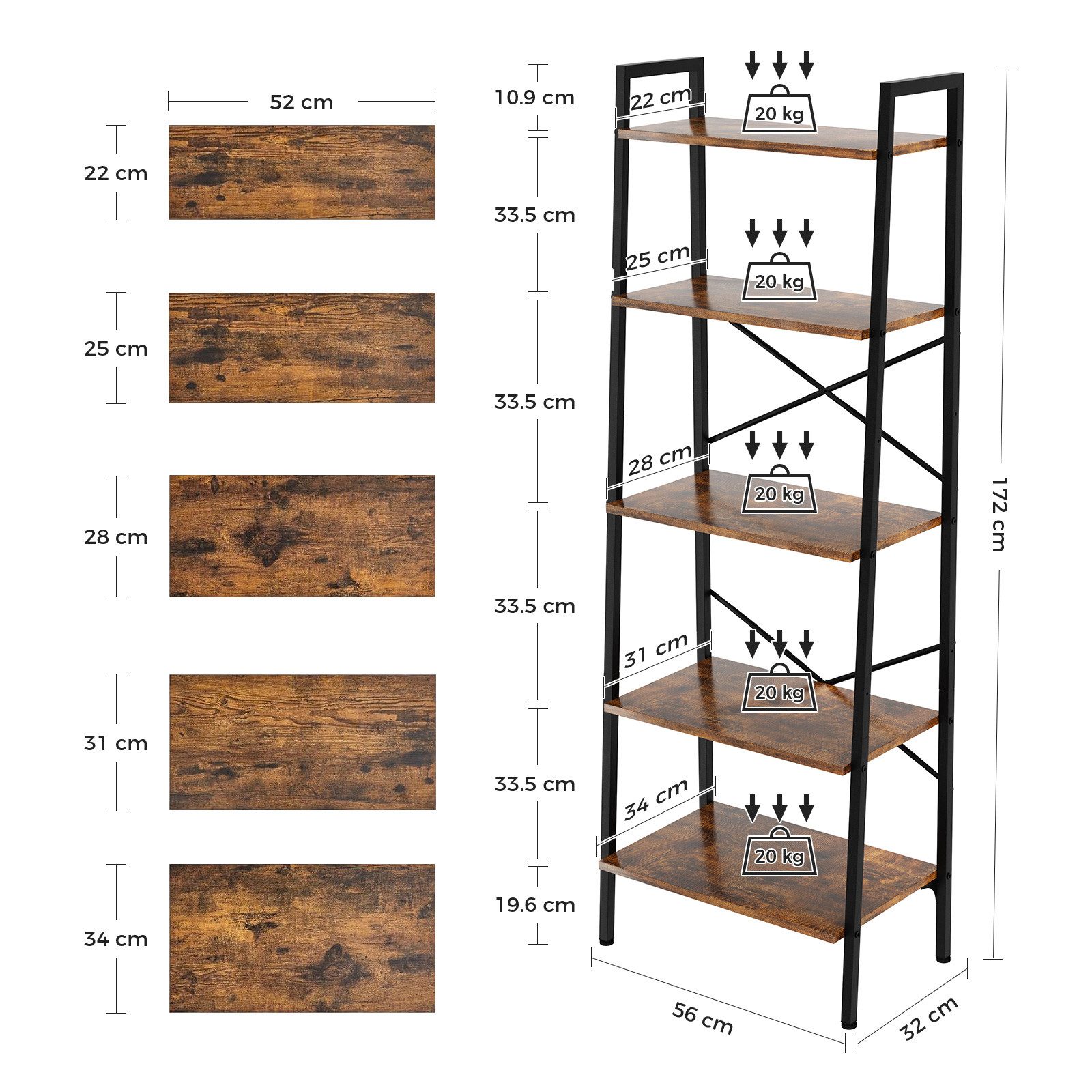 Oak&Tea Bücherregal Regal 5 Ebenen, Leiterregal günstig online kaufen