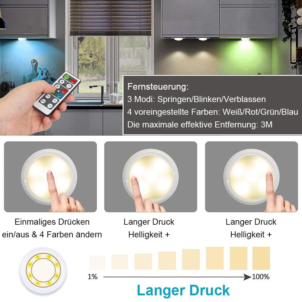 Dimmer, Stück, Schrank Rosnek Flur, Bücherregale LED Drahtlos, für Weiß, Nachtlicht USB/Batterie, RGB, 6 Fernbedienung LED, Timer,