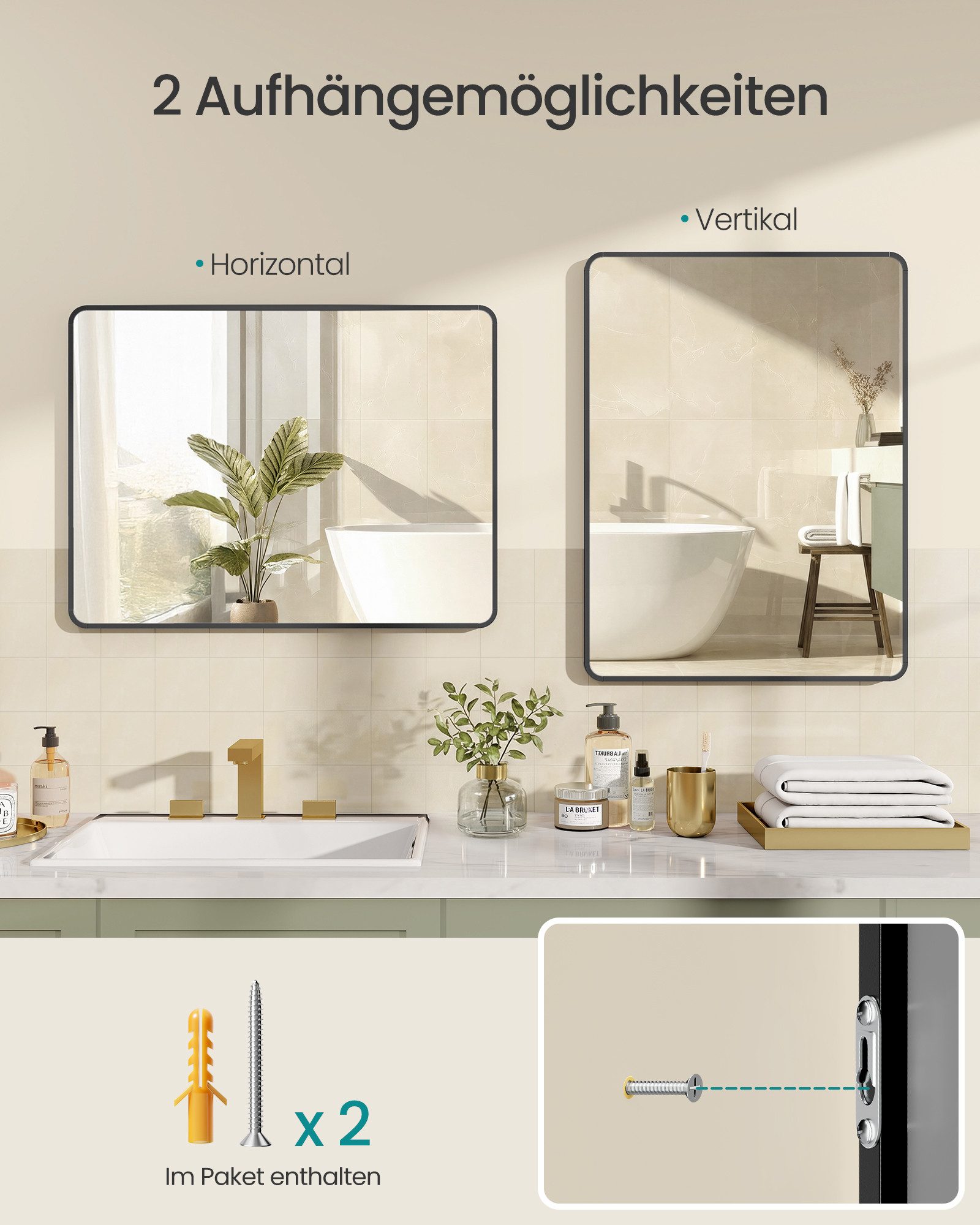 SONGMICS Standspiegel 2 Aufhängemöglichkeiten, Spiegel für Bad mit Sicherheitsfolie, 81 x 61 cm, Spiegel für Bad, Aluminiumrahmen, mit Sicherheitsfolie – Bild 5 von 5