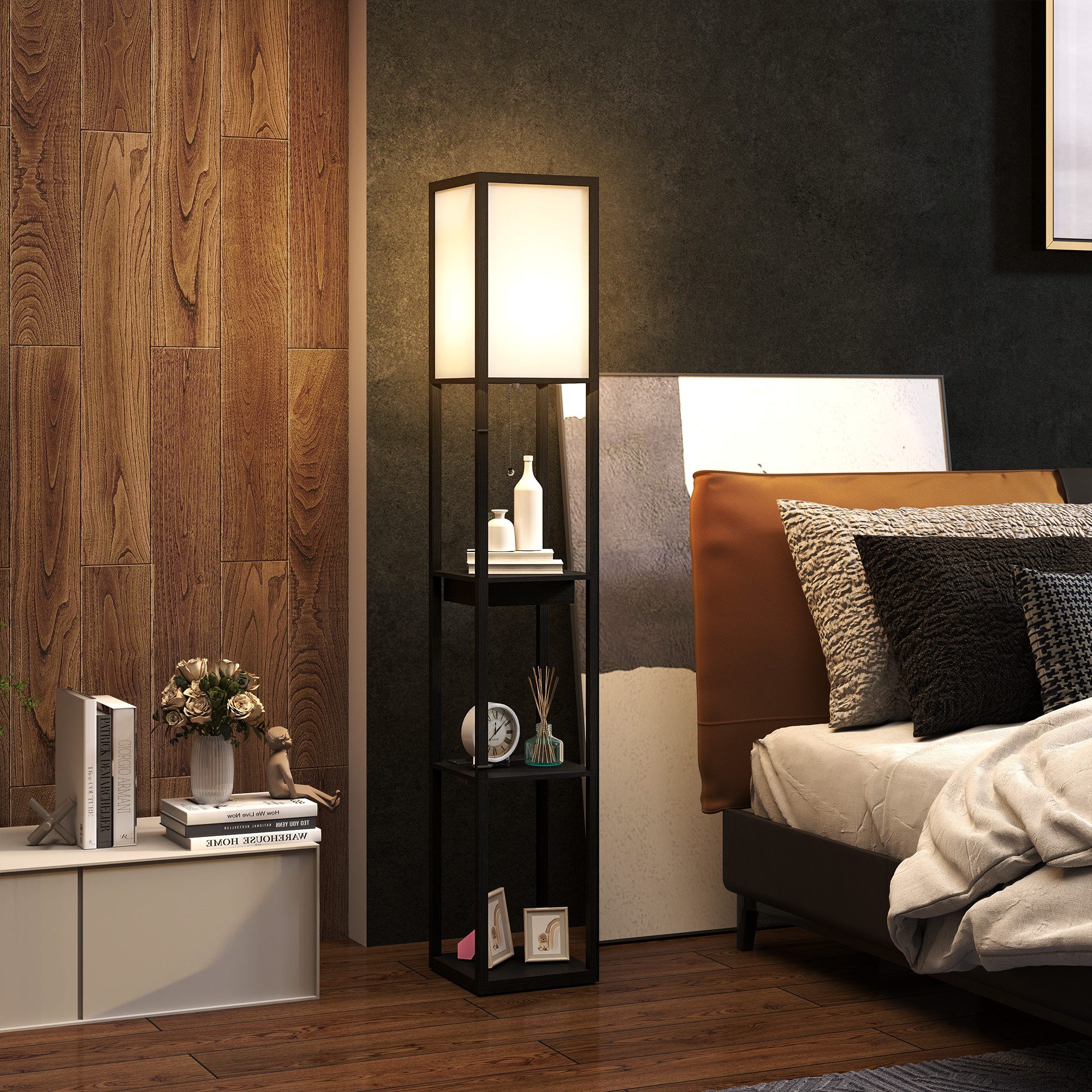 HOMCOM Stehlampe 3-Fach Stehleuchte, E27 Sockel, Stoff-Standlampe, USB-A, USB-C, ohne Leuchtmittel, für Wohnzimmer, Schlafzimmer, Schwarz+Weiß