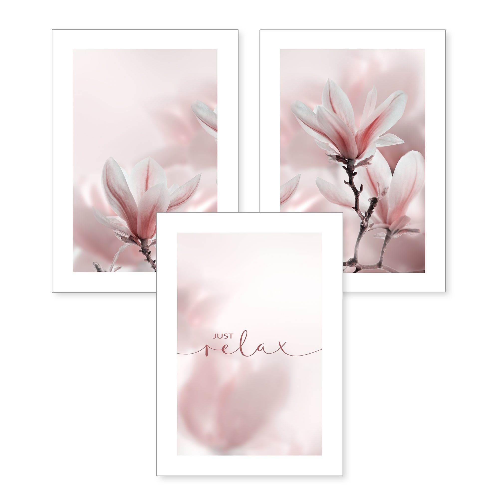 Kreative Feder Poster Premium Set 3-teilig „Magnolie“ optional mit Rahmen, Blumen (Set, 3 St), optional mit Rahmen; wahlweise DIN A4 oder DIN A3 ohne Rahmen