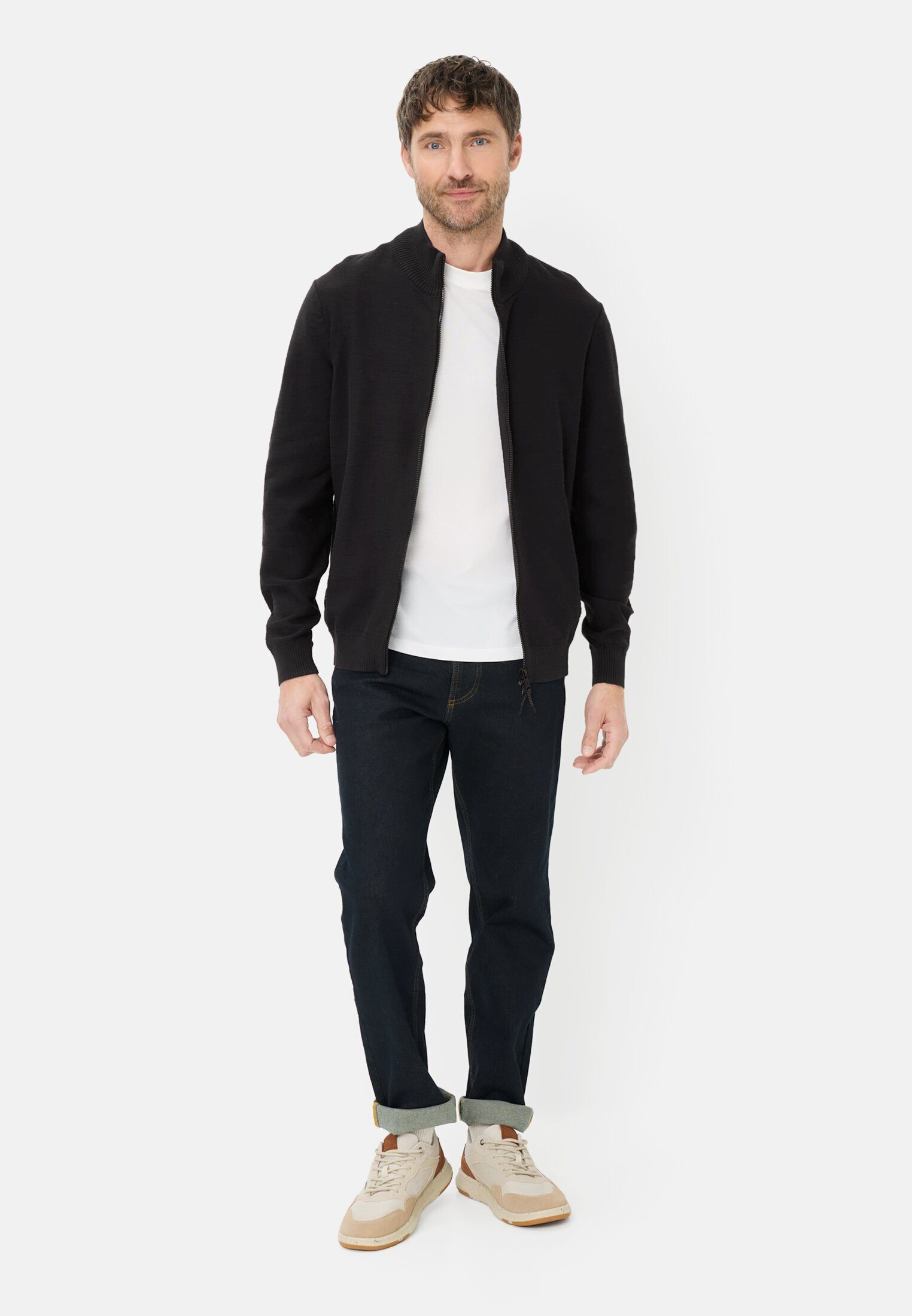 camel active Strickjacke aus reiner Baumwolle Langarm Stehkragen