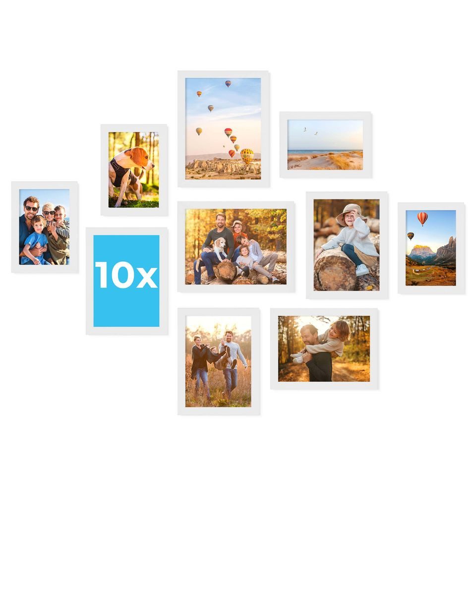 PHOTOLINI Bilderrahmen Sets in verschiedenen Formaten, MDF Holz, Acrylglas & Zubehör, für 10 Bilder (10er Set), Posterrahmen 10er Set No.3 zum Aufhängen oder Aufstellen