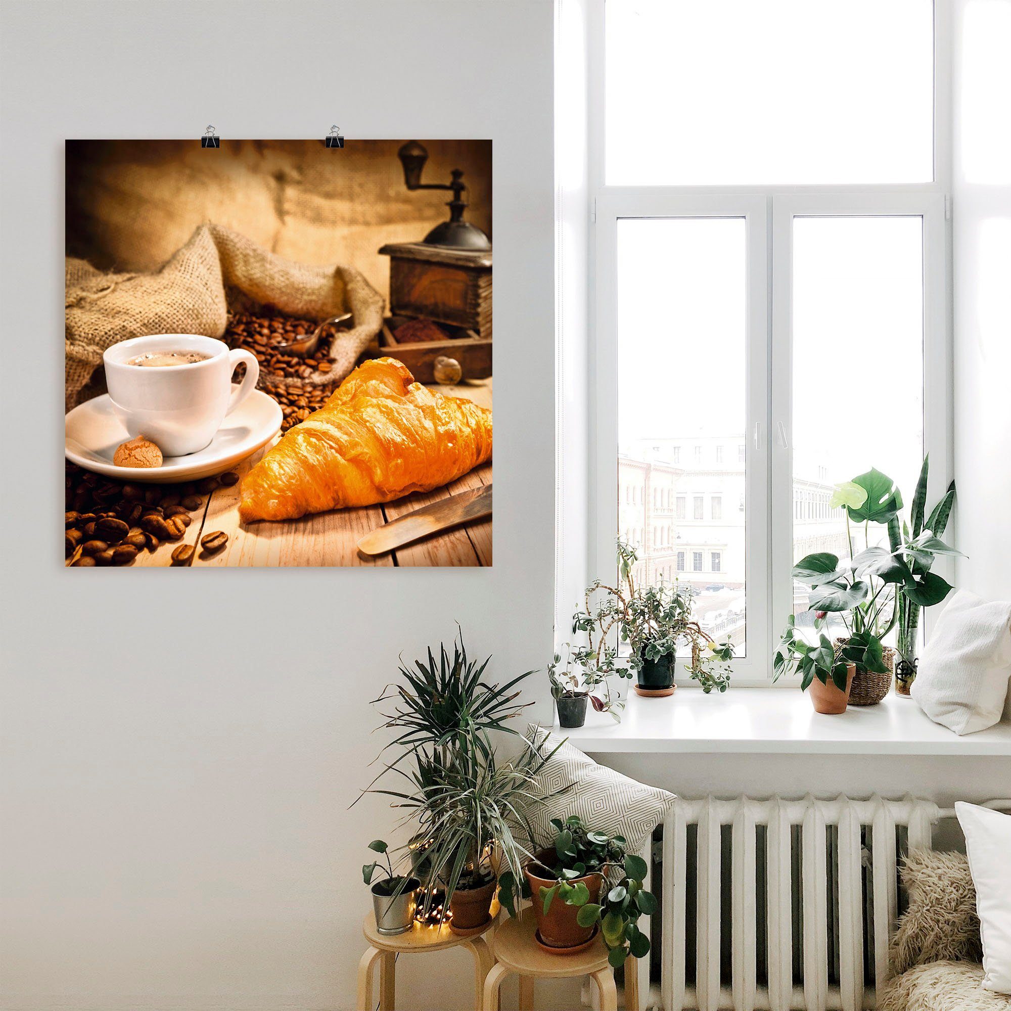 Wandaufkleber Artland Wandbild als versch. Getränke Poster Größen oder Croissant, Leinwandbild, in (1 St), mit Kaffeetasse