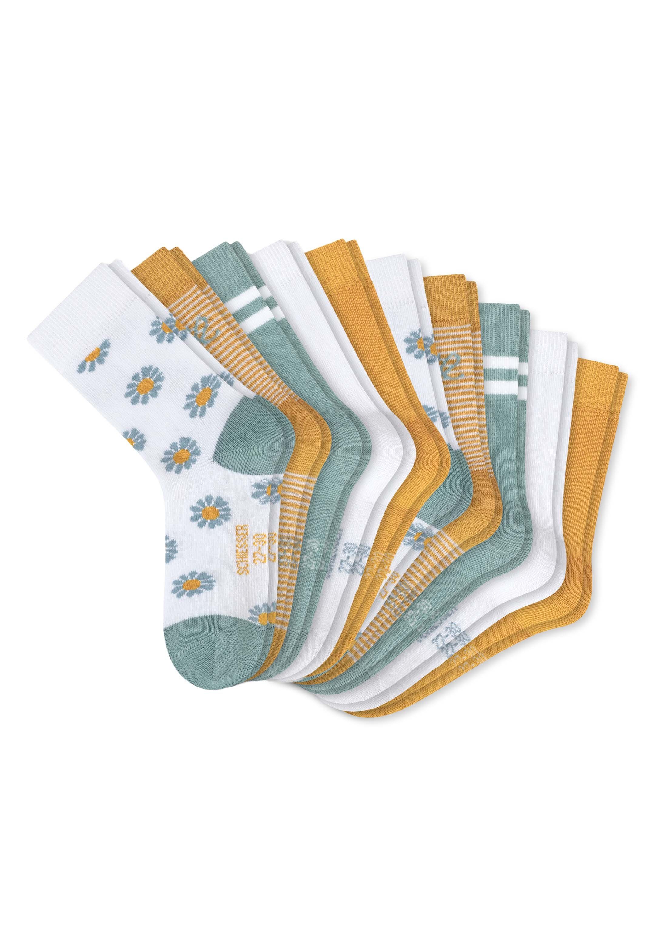 Wäsche/Bademode Socken Schiesser Langsocken 10er Pack Blume (Packung, 10-Paar) Kindersocken Mädchen - Baumwolle - Mit handgekett