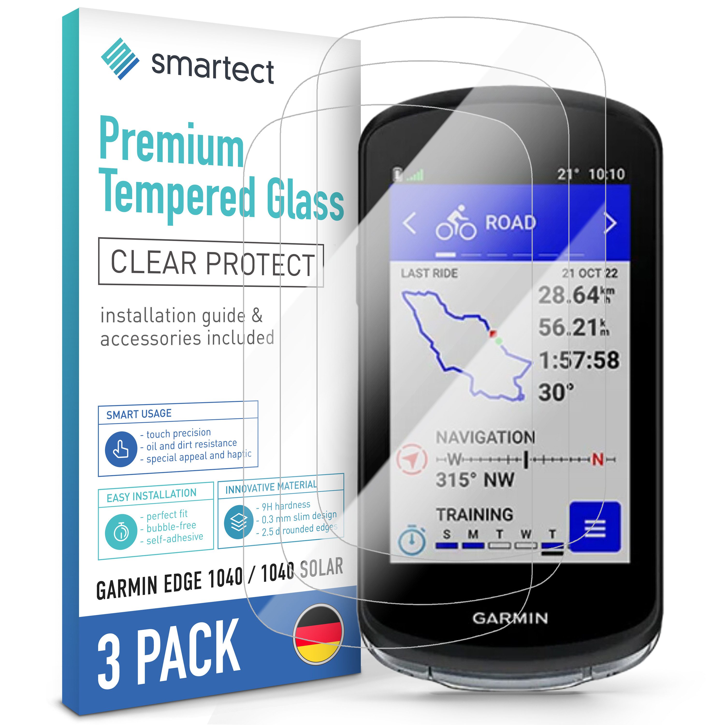 smartect Displayschutzglas Schutzglas Panzerfolie Klar für Garmin Edge 1040/1040 Solar, Set, 3 Stück, Schutzfolie Glasschutz Bildschirm