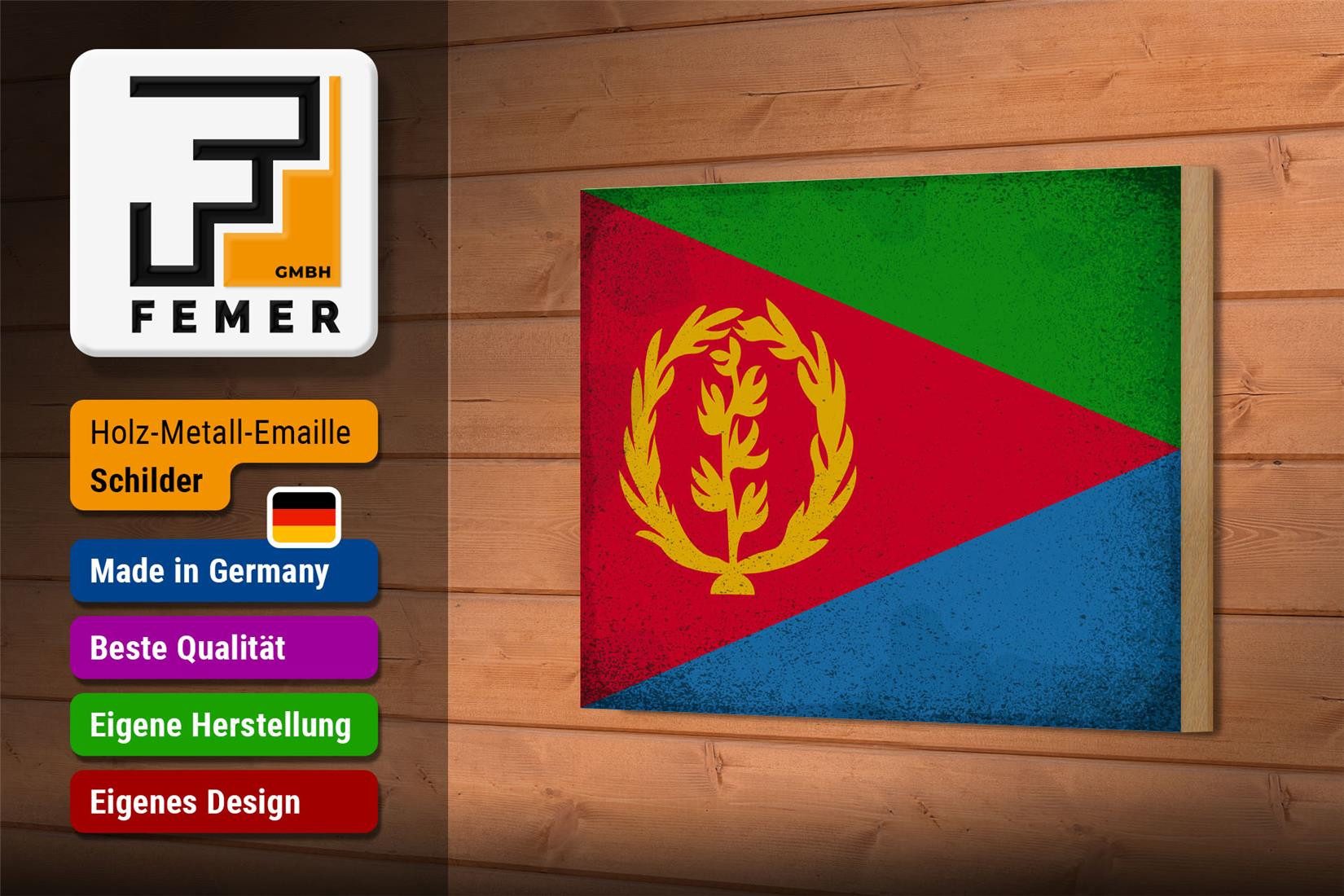 Femer GmbH Holzbild Flagge Eritrea 18x12 cm Flag of Eritrea Vintage, Flaggen (1 St), Glatte Holzfaserplatte (MDF), vorn beschichtet