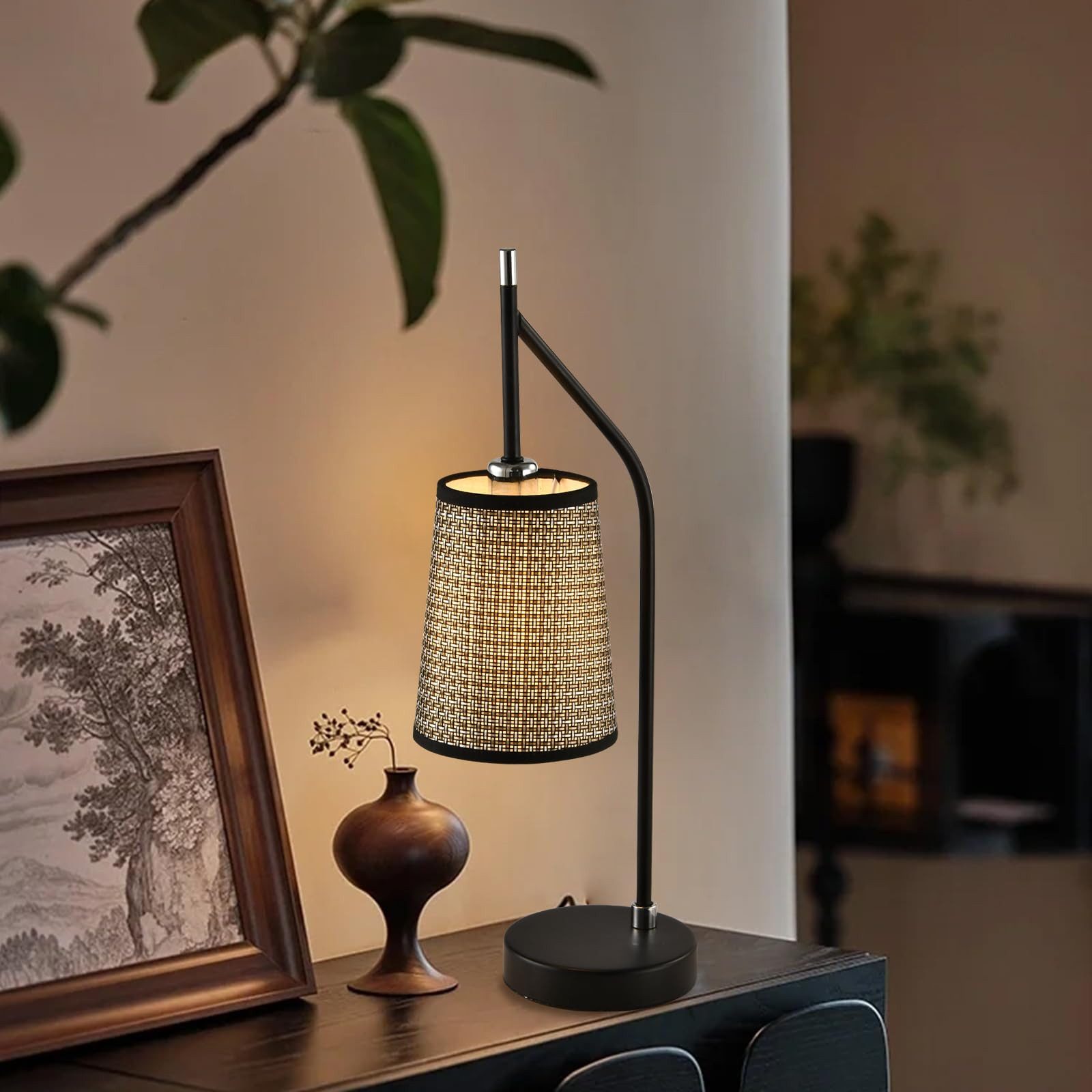 LQWELL Tischleuchte Modern Nachttischlampe/Nachttischleuchte E14 Metall Tischlampe, keine Glühbirne, Retro Vintage Beiger Stoffbezug, angenehme Beleuchtung Schwarz Schreibtischlampe Esstischlampe, für Drinnen Wohnzimmer Schlafzimmer Abendessen Hotel