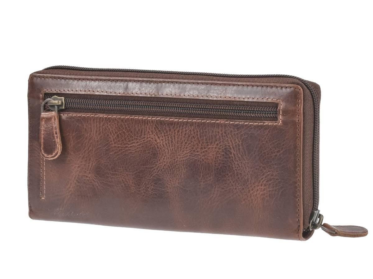 Greenburry Geldbörse "Rugged" Damenbörse Portemonnaie Leder 19x10cm teak braun, Lederbörse, 12 Kartenfächer, RFID-Schutz, Langbörse