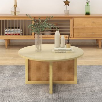 Merax Couchtisch aus Holz und Rattan im Landhausstil, Beistelltisch rund, Rattantisch Wohnzimmertisch, Sofatisch Ø 80cm