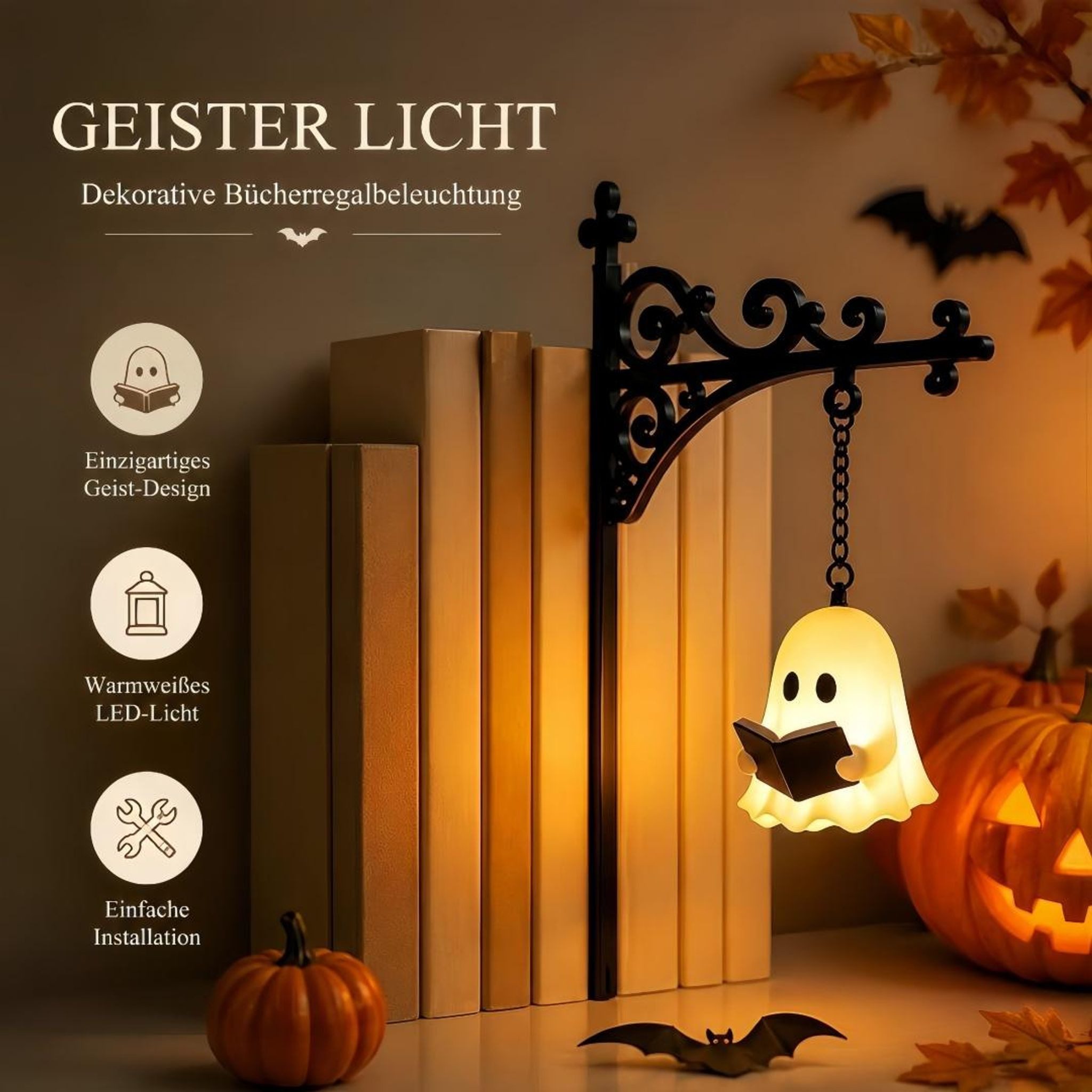FELIXLEO Außen-Wandleuchte 3er Vintage Bücherregallampe, lesender Geist, LED, kabellos,Buchstütze – Bild 2 von 5