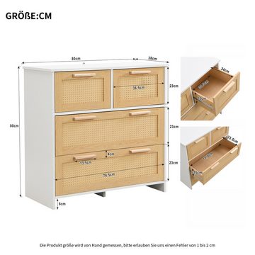 IDEASY Schubkastenkommode Aufbewahrungsschrank, Vitrine, 4 Schubladen, (80*80*38 cm), Schubladenfronten aus Rattan mit Griffen aus Massivholz